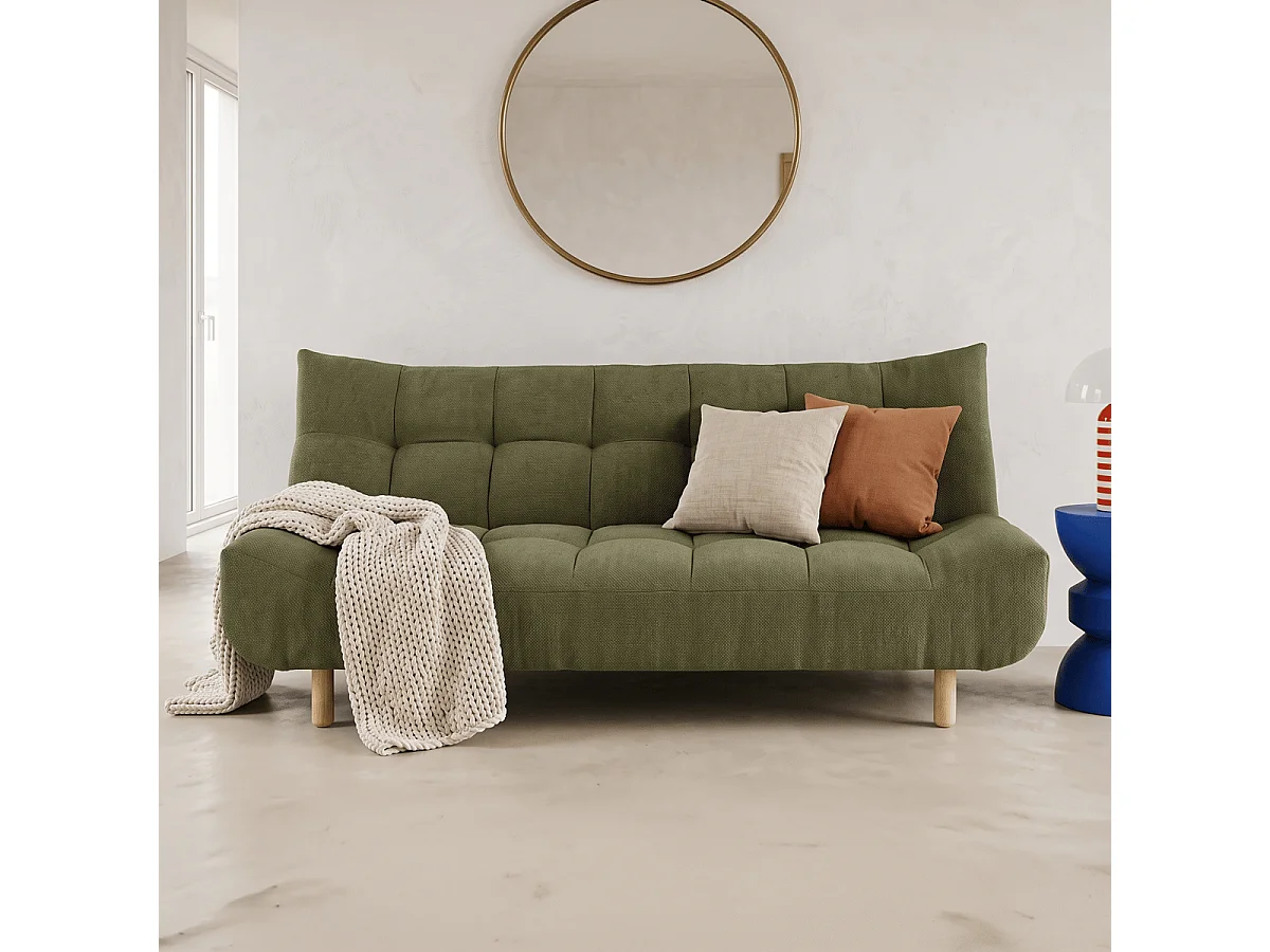 Canapé capitonné convertible 3 places en tissu chenille vert olive - Bumpy