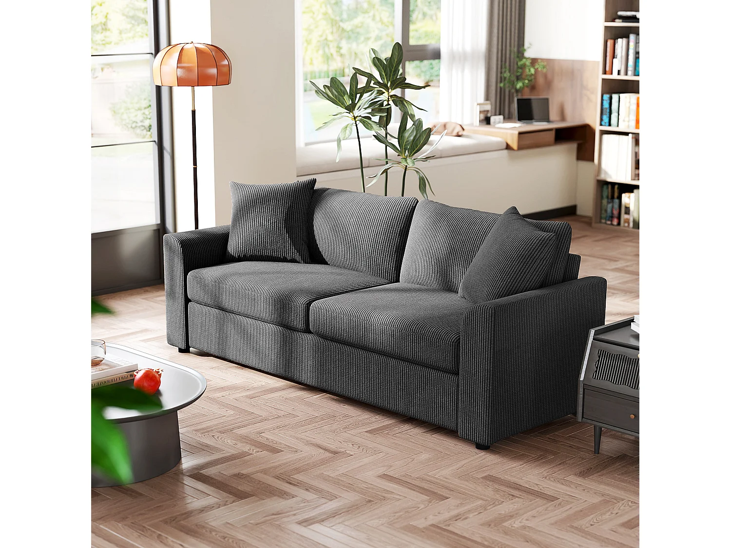 Canapé 3 places velours côtelé avec 2 coussins - canapé droit fixe 3 places anthracite