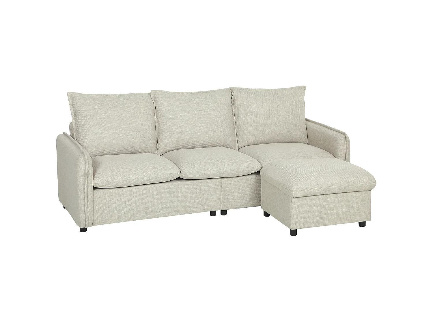 Canapé droit 3 places avec pouf coffre de rangement tissu toucher lin blanc cassé