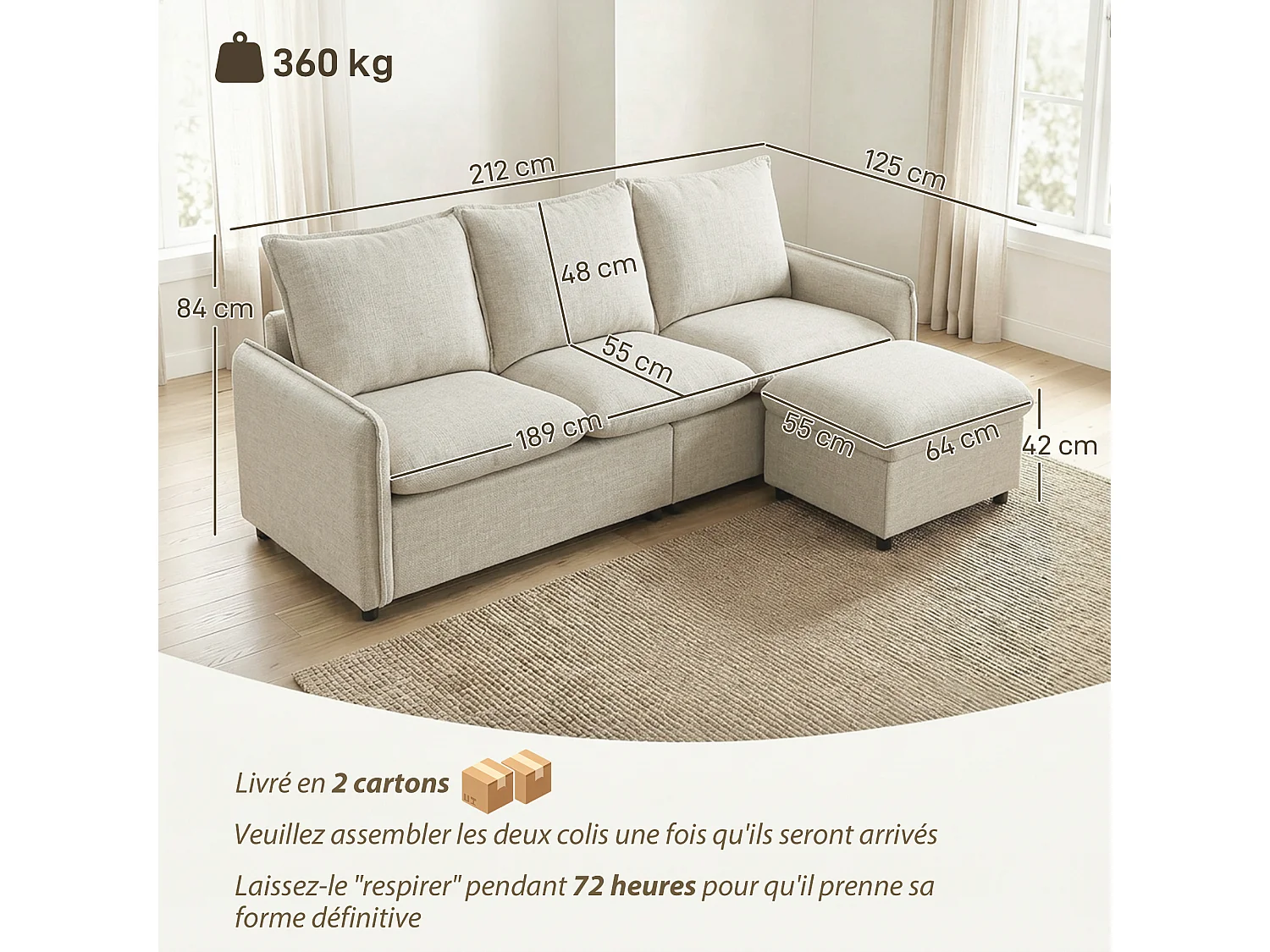 Canapé droit 3 places avec pouf coffre de rangement tissu toucher lin blanc cassé