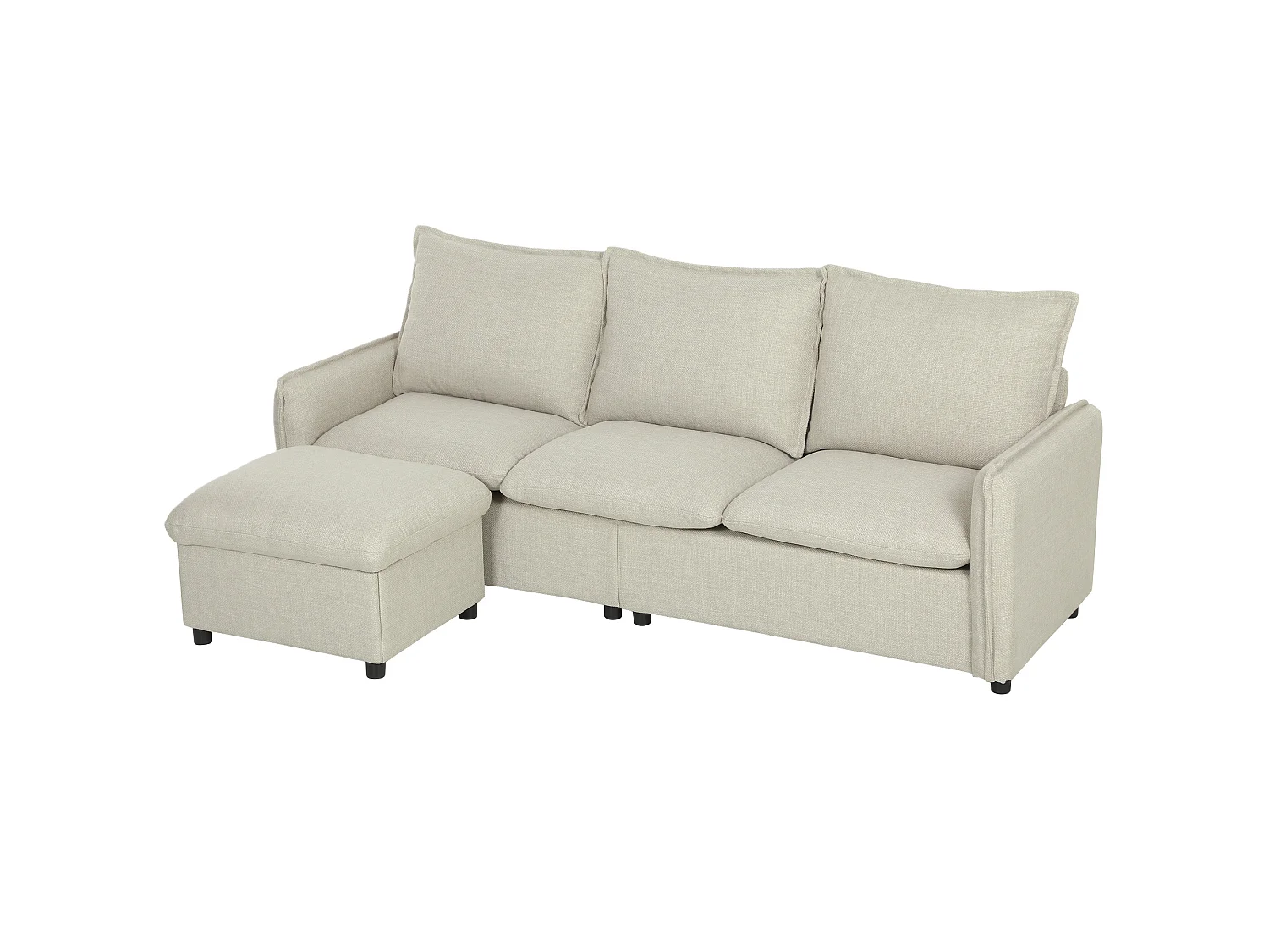 Canapé droit 3 places avec pouf coffre de rangement tissu toucher lin blanc cassé