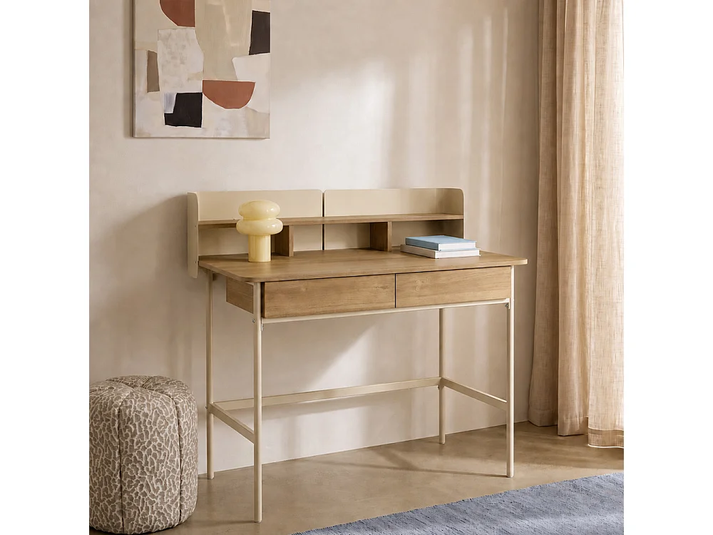 Copa - Bureau 2 tiroirs en bois et métal L100cm - Beige