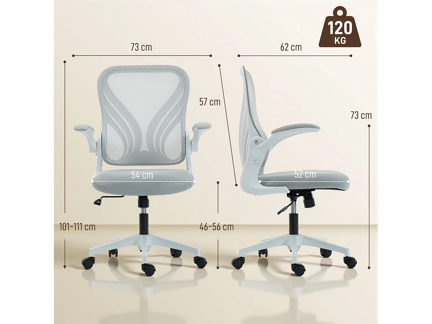 Chaise de bureau ergonomique accoudoirs relevables dossier rabattable gris clair