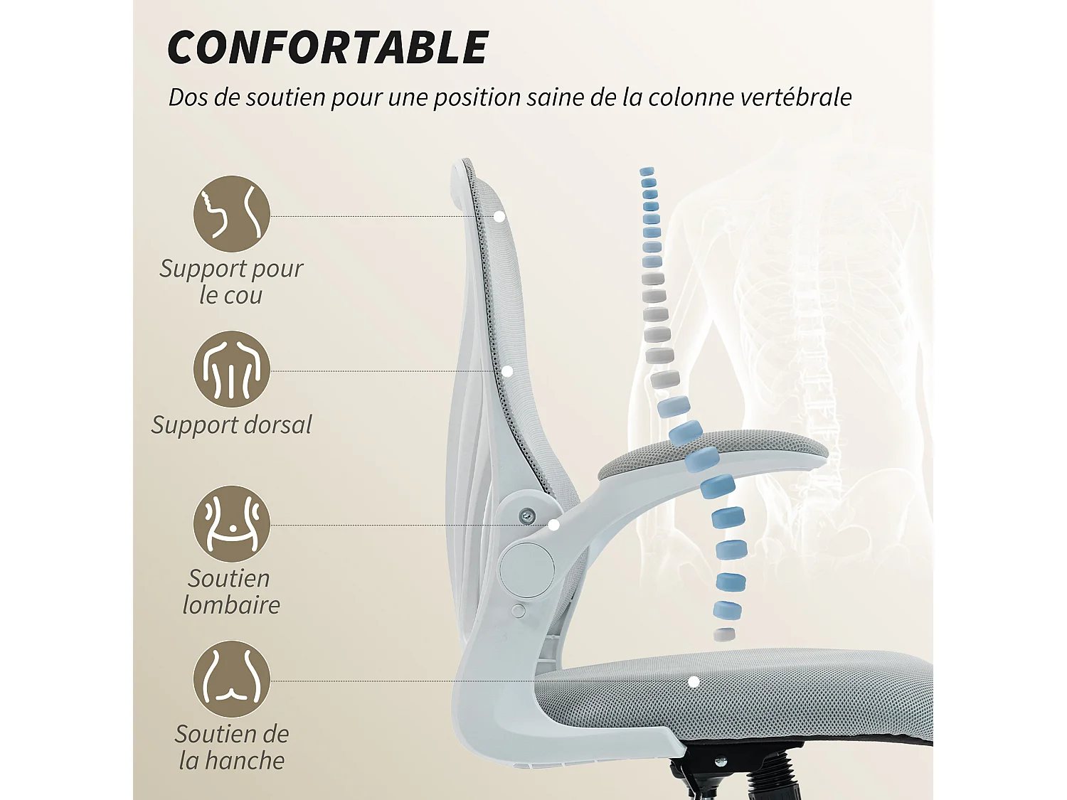 Chaise de bureau ergonomique accoudoirs relevables dossier rabattable gris clair
