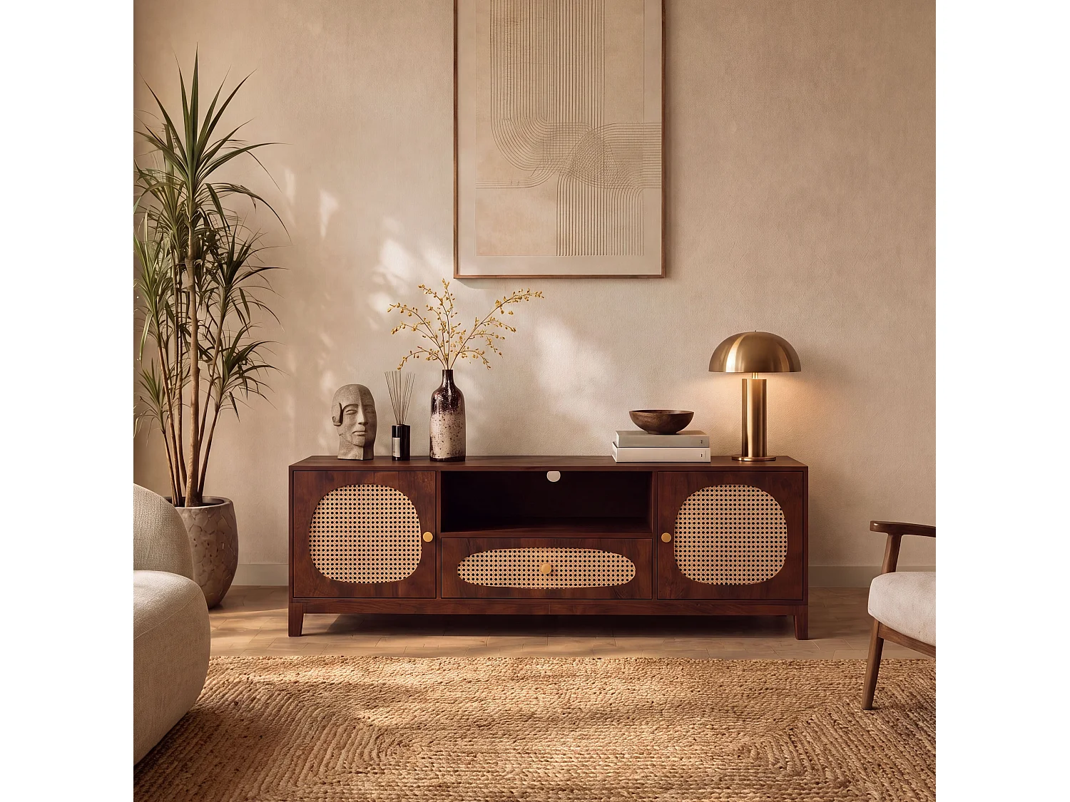 TV-Möbel aus Mangoholz und Rattan - Lanka