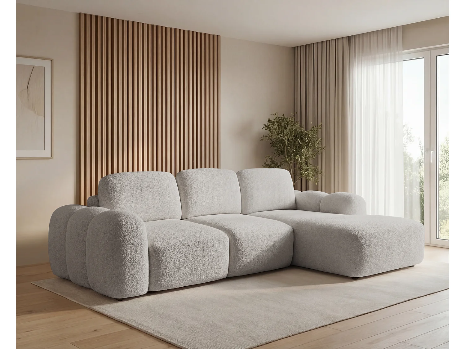 Canapé d'angle convertible 275 cm Salero, tissu bouclé avec coffre de rangement, angle à droite, Gris clair