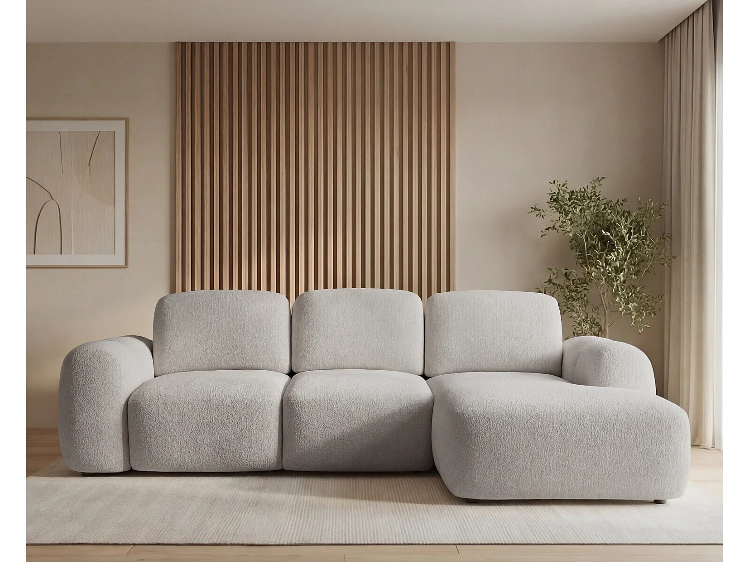 Canapé d'angle convertible 275 cm Salero, tissu bouclé avec coffre de rangement, angle à droite, Gris clair