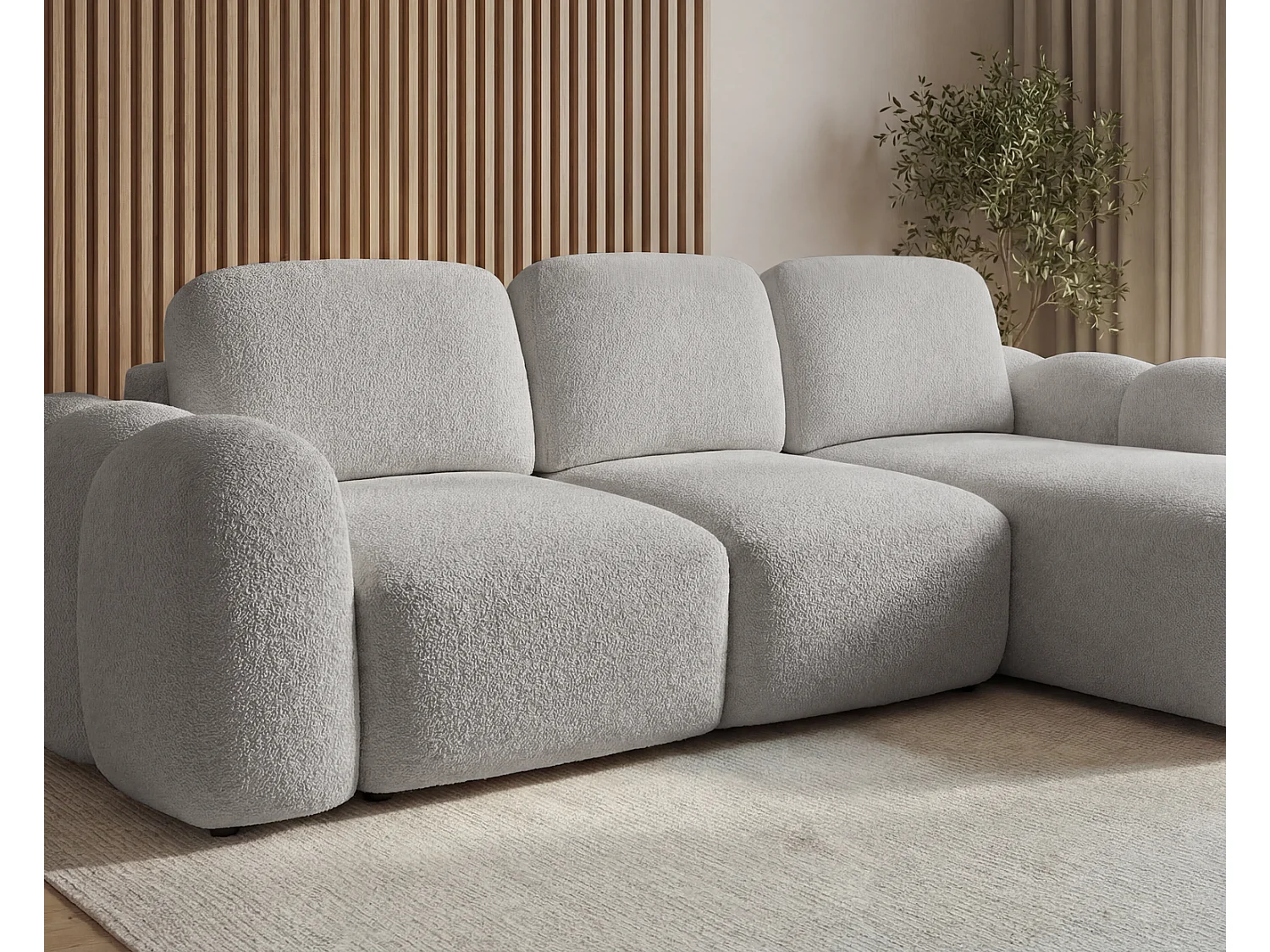 Canapé d'angle convertible 275 cm Salero, tissu bouclé avec coffre de rangement, angle à droite, Gris clair