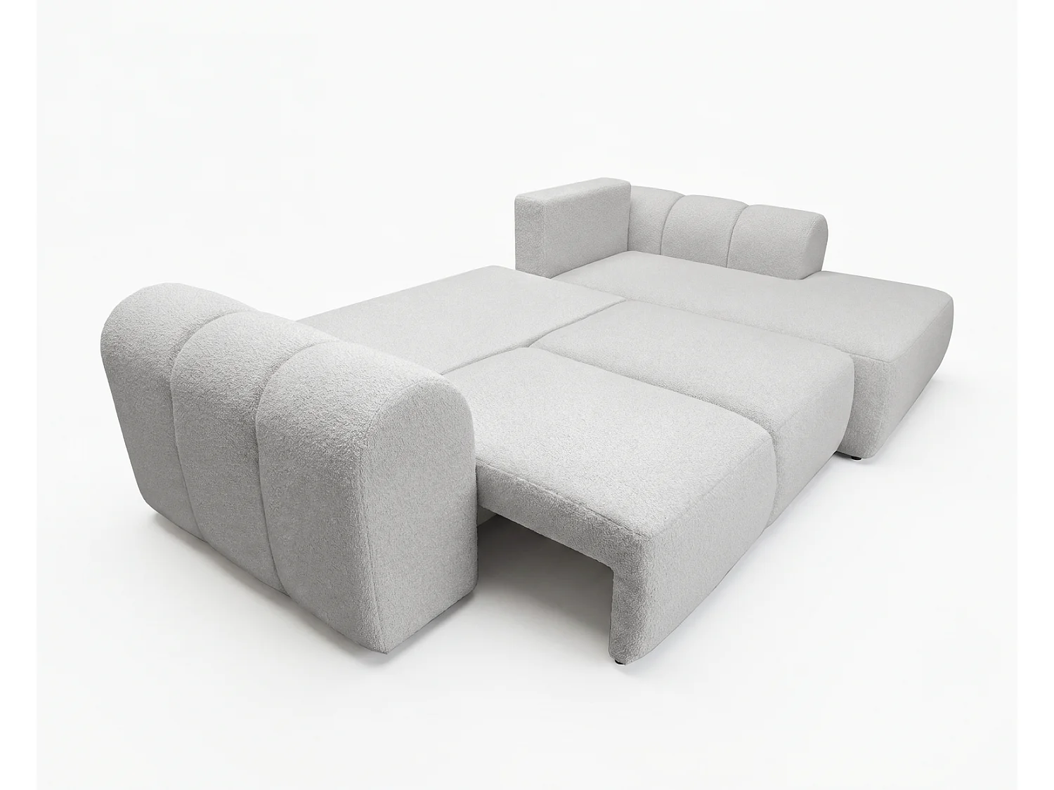 Canapé d'angle convertible 275 cm Salero, tissu bouclé avec coffre de rangement, angle à droite, Gris clair