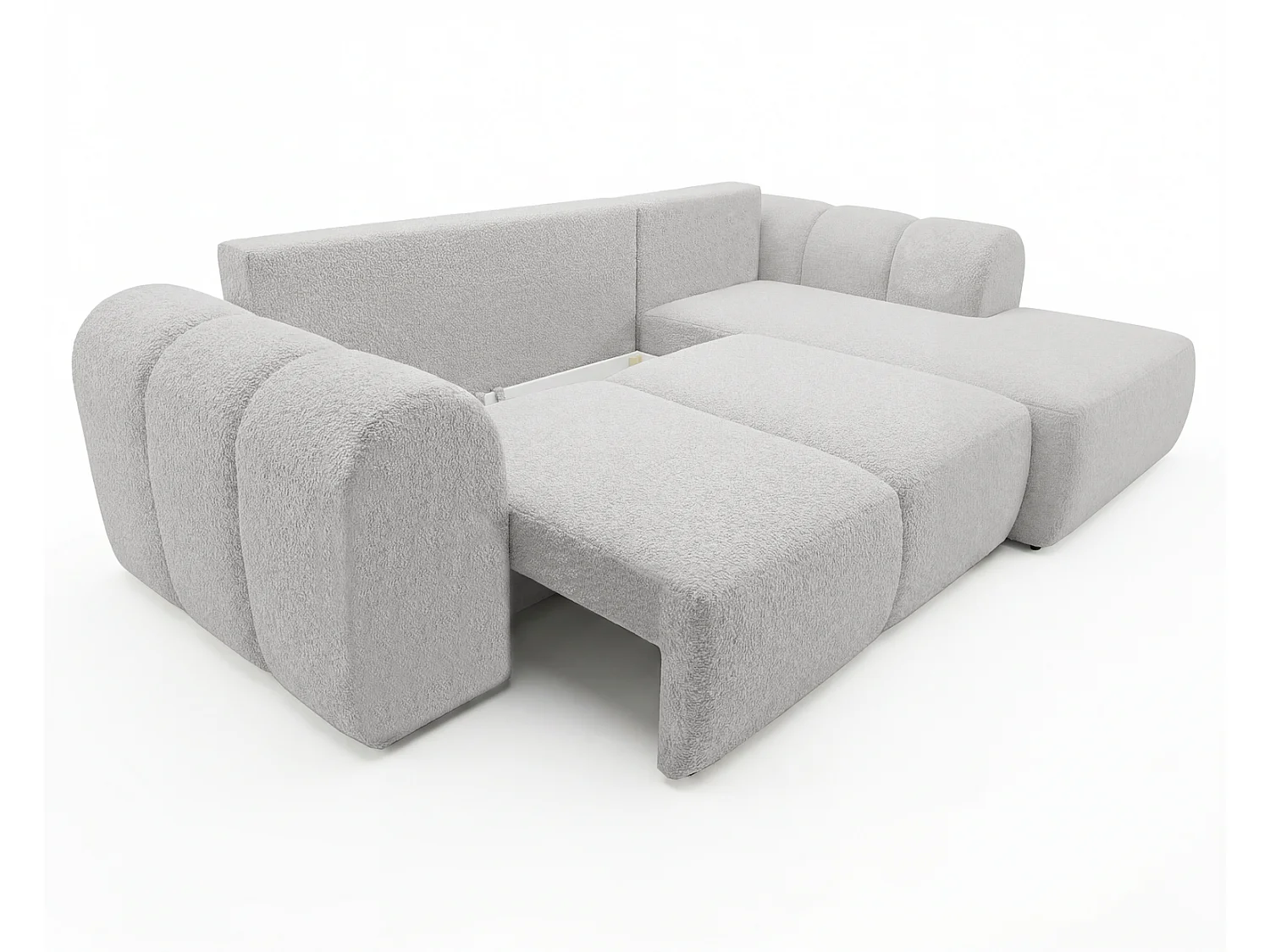 Canapé d'angle convertible 275 cm Salero, tissu bouclé avec coffre de rangement, angle à droite, Gris clair