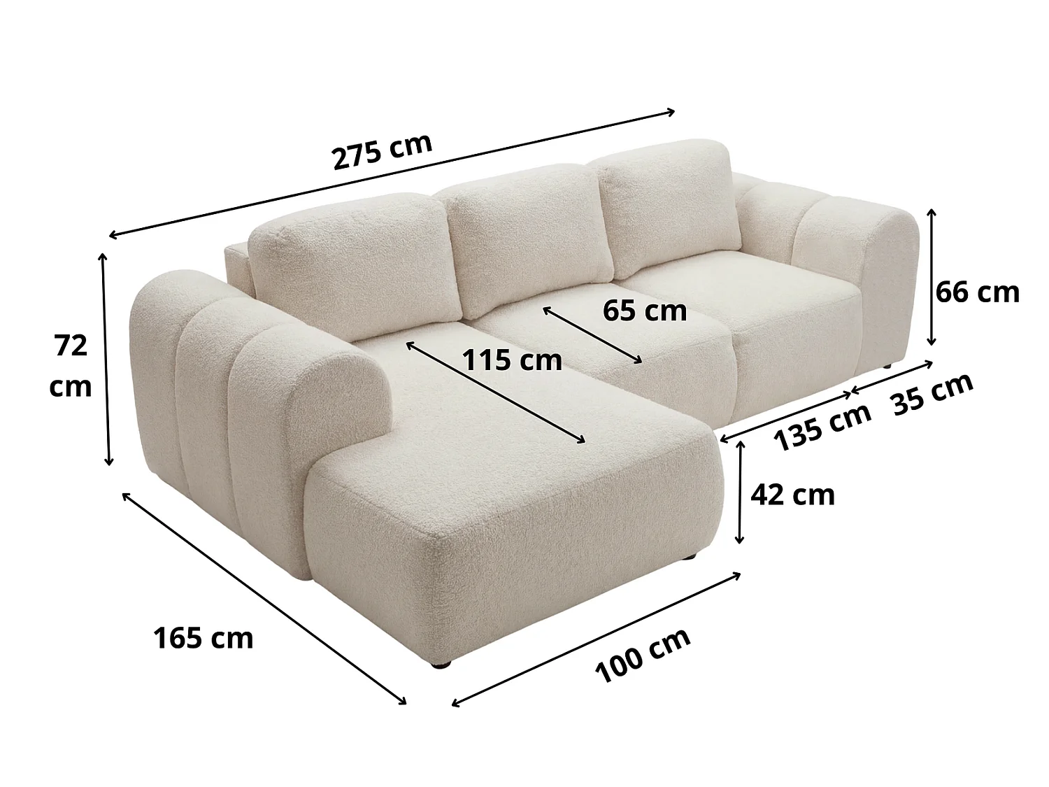 Canapé d'angle convertible 275 cm Salero, tissu bouclé avec coffre de rangement, angle à droite, Gris clair