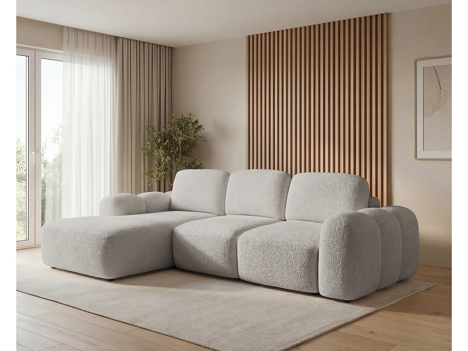 Canapé d'angle convertible 275 cm Salero, tissu bouclé avec coffre de rangement, angle à gauche, Gris clair