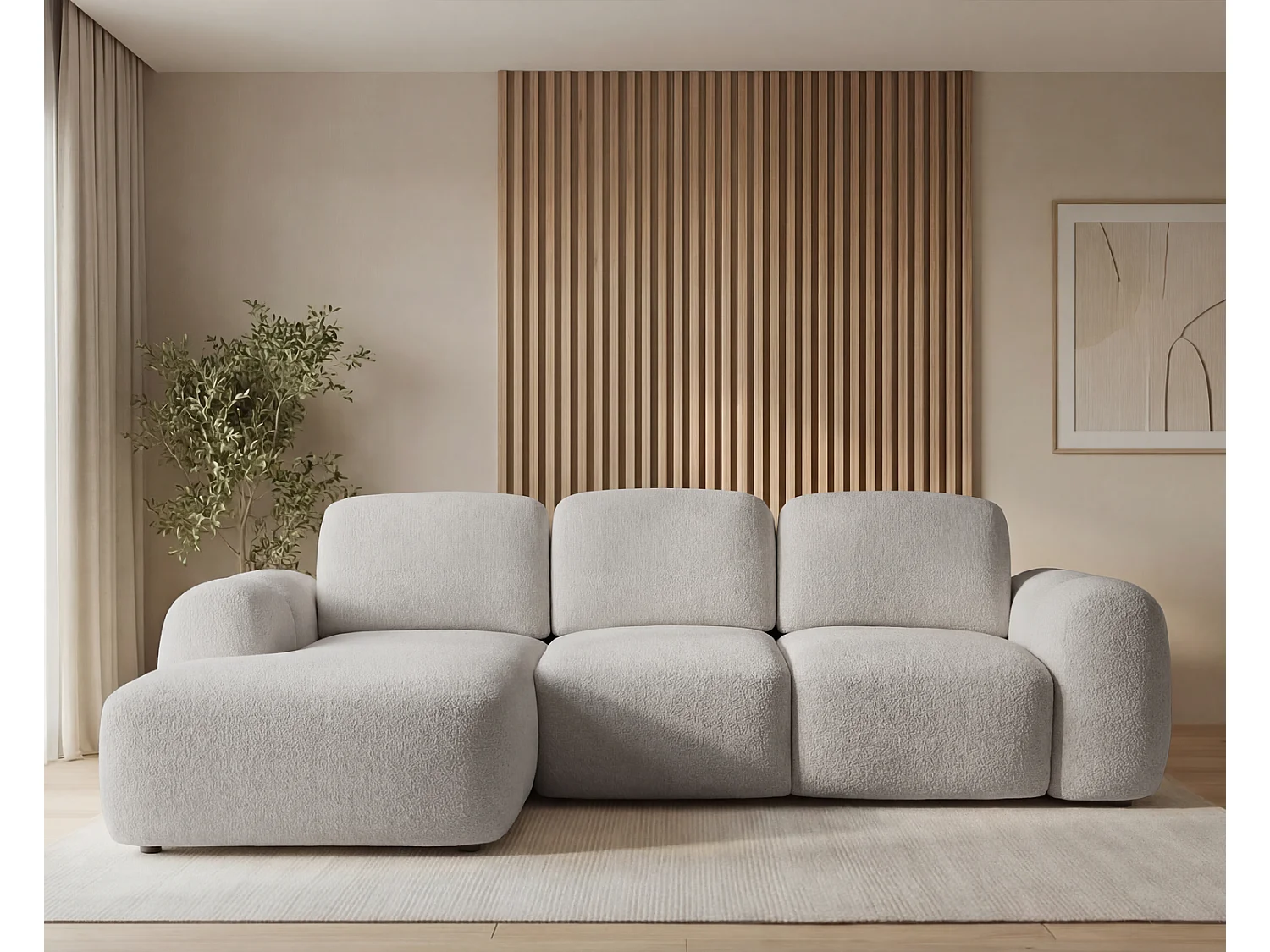 Canapé d'angle convertible 275 cm Salero, tissu bouclé avec coffre de rangement, angle à gauche, Gris clair