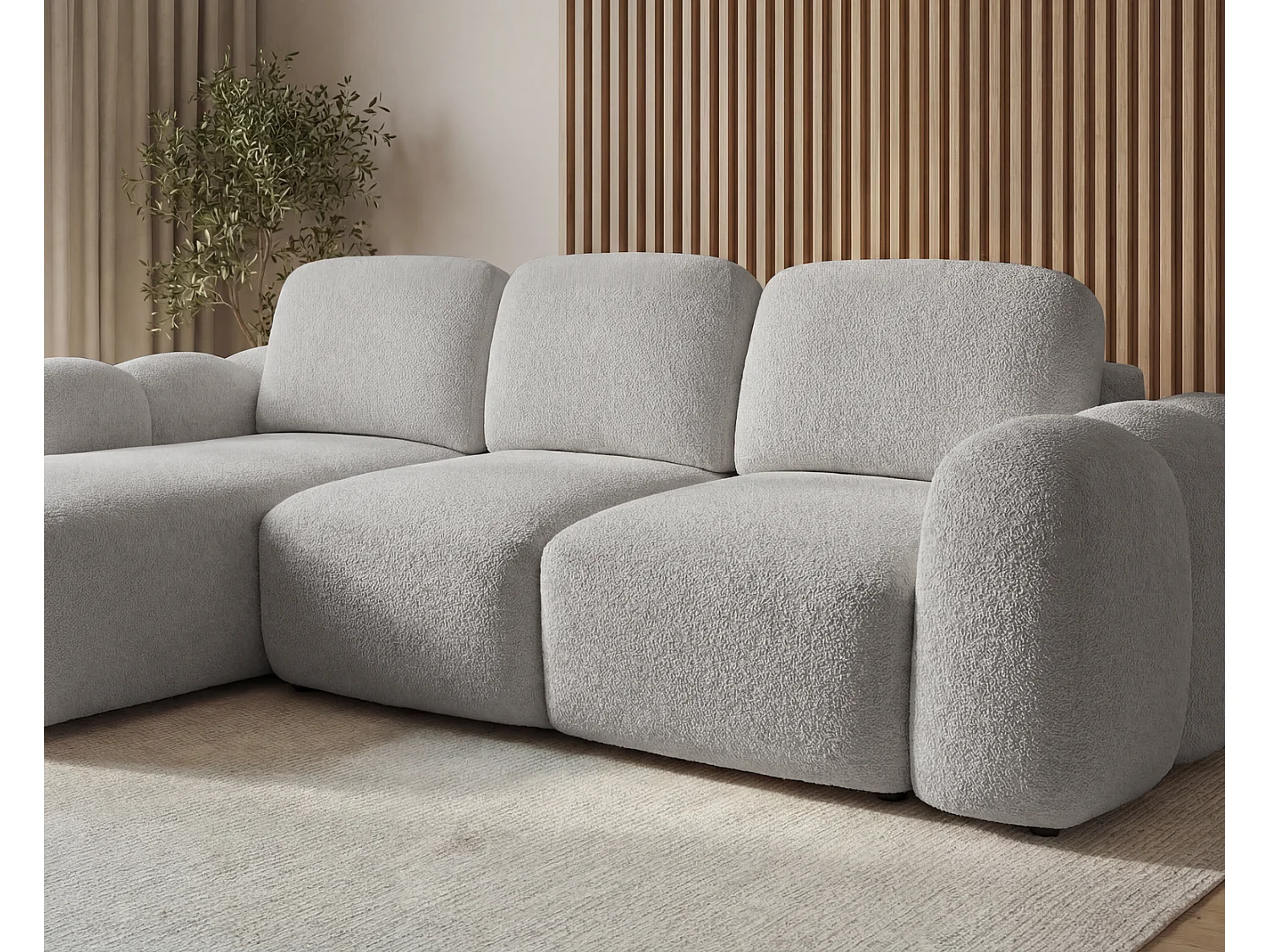 Canapé d'angle convertible 275 cm Salero, tissu bouclé avec coffre de rangement, angle à gauche, Gris clair