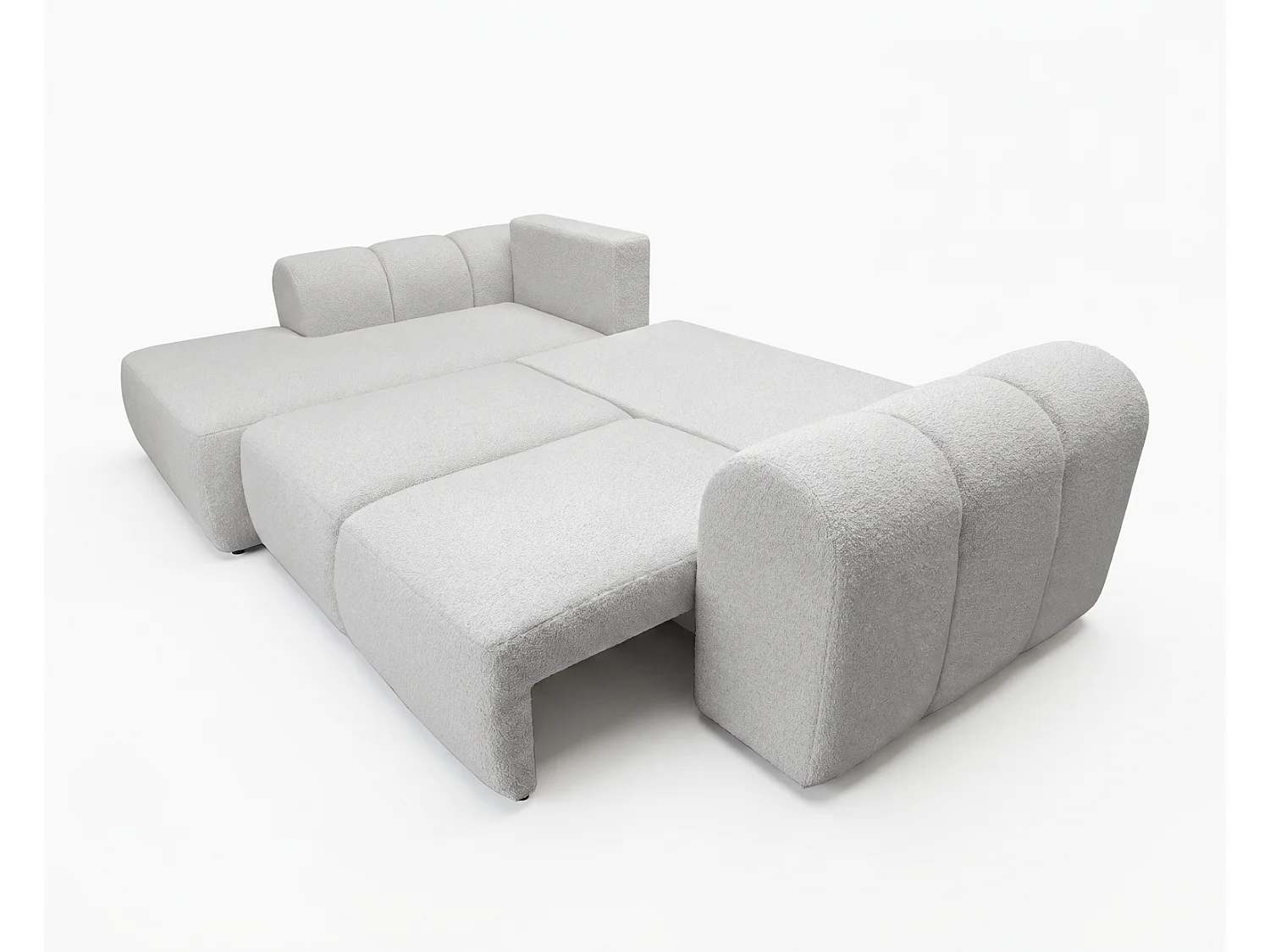 Canapé d'angle convertible 275 cm Salero, tissu bouclé avec coffre de rangement, angle à gauche, Gris clair