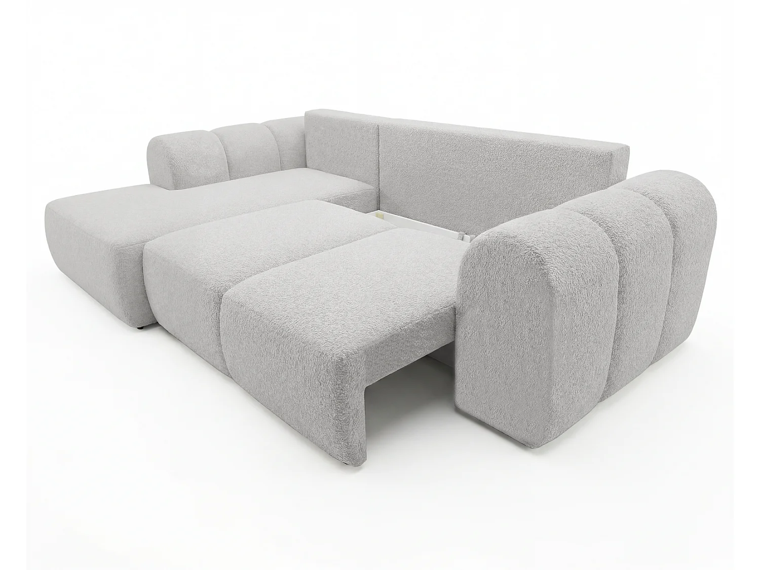 Canapé d'angle convertible 275 cm Salero, tissu bouclé avec coffre de rangement, angle à gauche, Gris clair