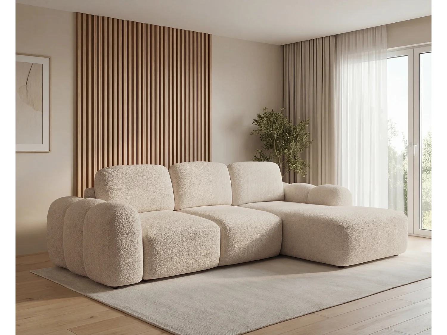 Canapé d'angle convertible 275 cm Salero, tissu bouclé avec coffre de rangement, angle à droite, Beige
