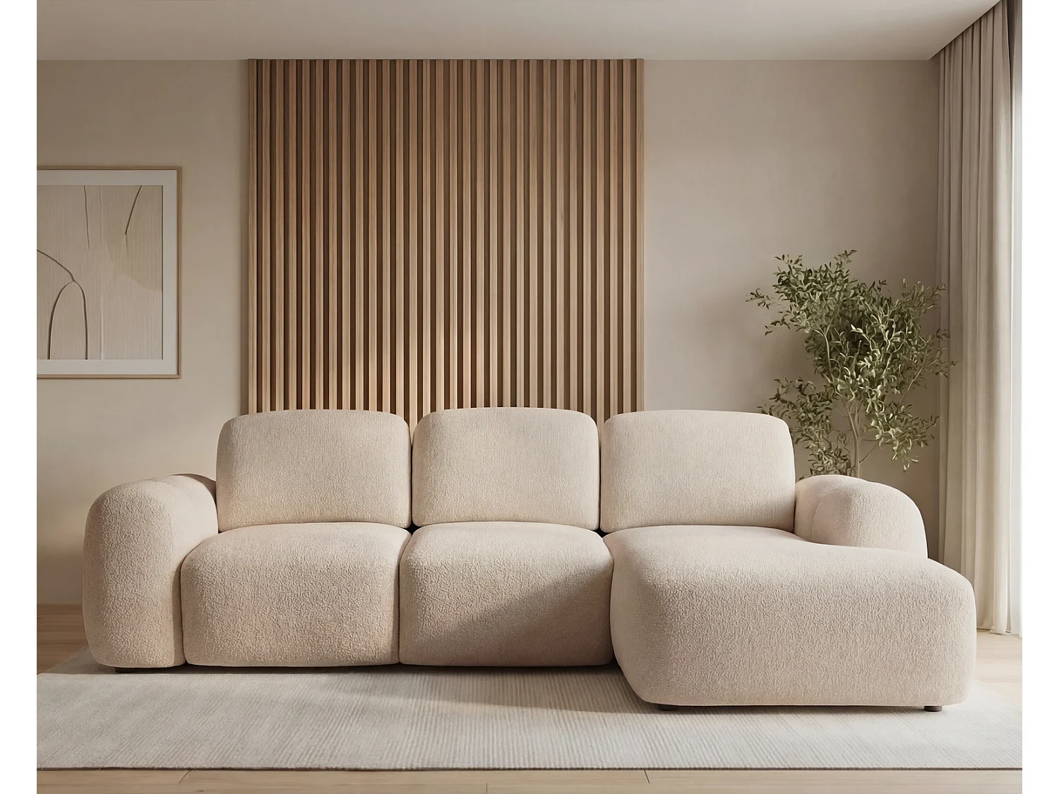 Canapé d'angle convertible 275 cm Salero, tissu bouclé avec coffre de rangement, angle à droite, Beige