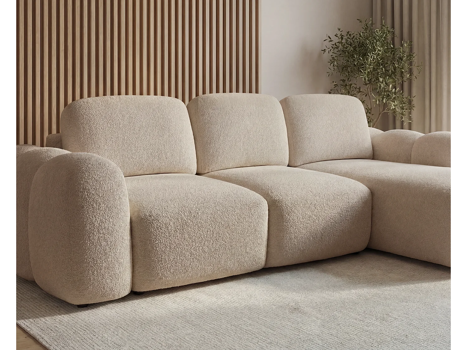 Canapé d'angle convertible 275 cm Salero, tissu bouclé avec coffre de rangement, angle à droite, Beige