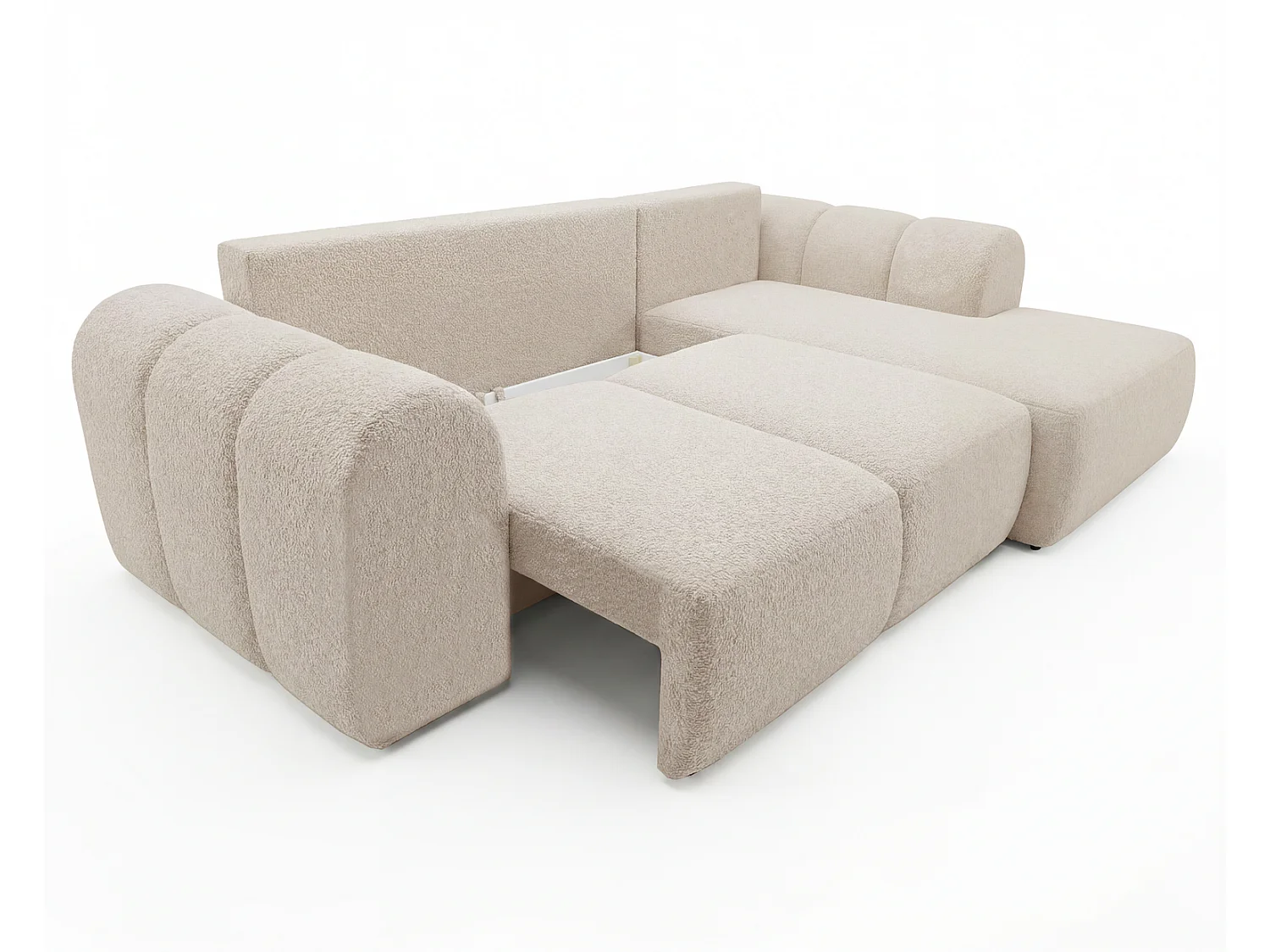 Canapé d'angle convertible 275 cm Salero, tissu bouclé avec coffre de rangement, angle à droite, Beige