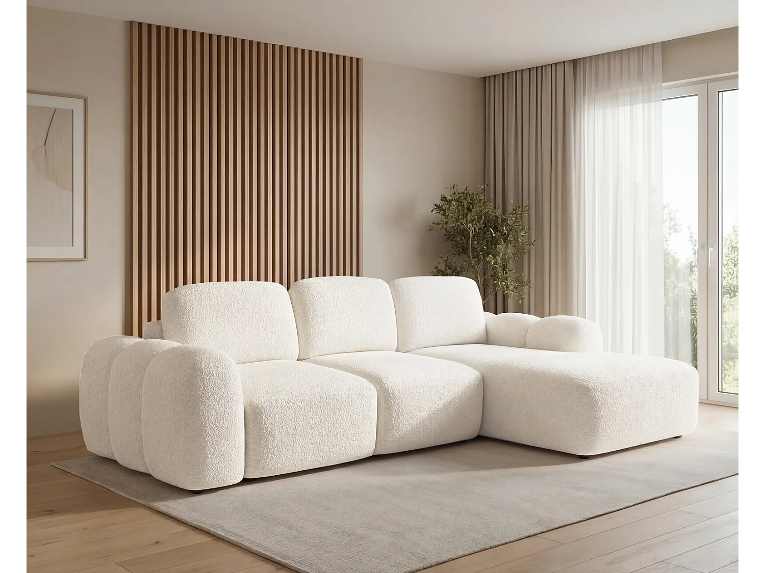 Canapé d'angle convertible 275 cm Salero, tissu bouclé avec coffre de rangement, angle à droite, Crème