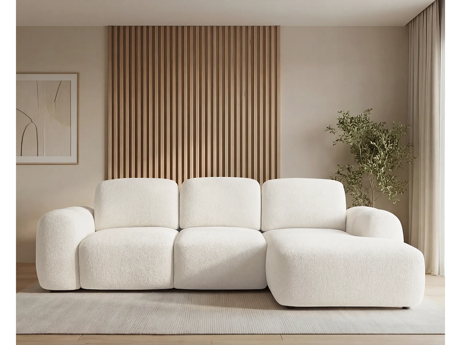 Canapé d'angle convertible 275 cm Salero, tissu bouclé avec coffre de rangement, angle à droite, Crème