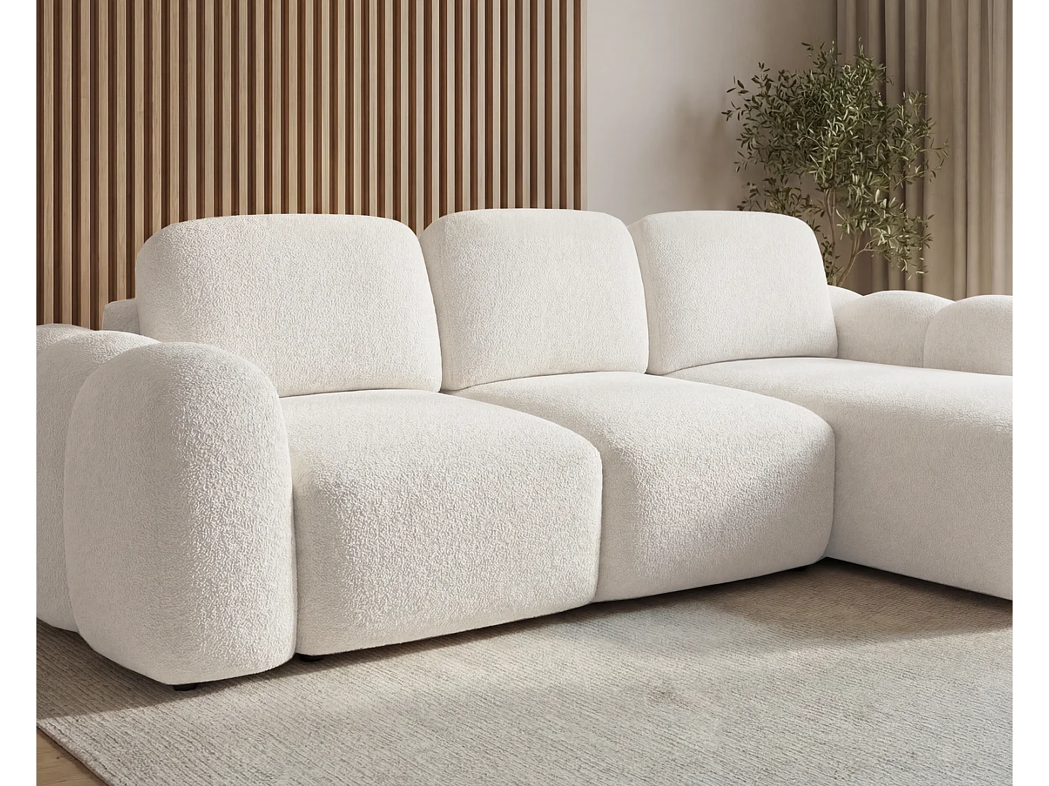 Canapé d'angle convertible 275 cm Salero, tissu bouclé avec coffre de rangement, angle à droite, Crème