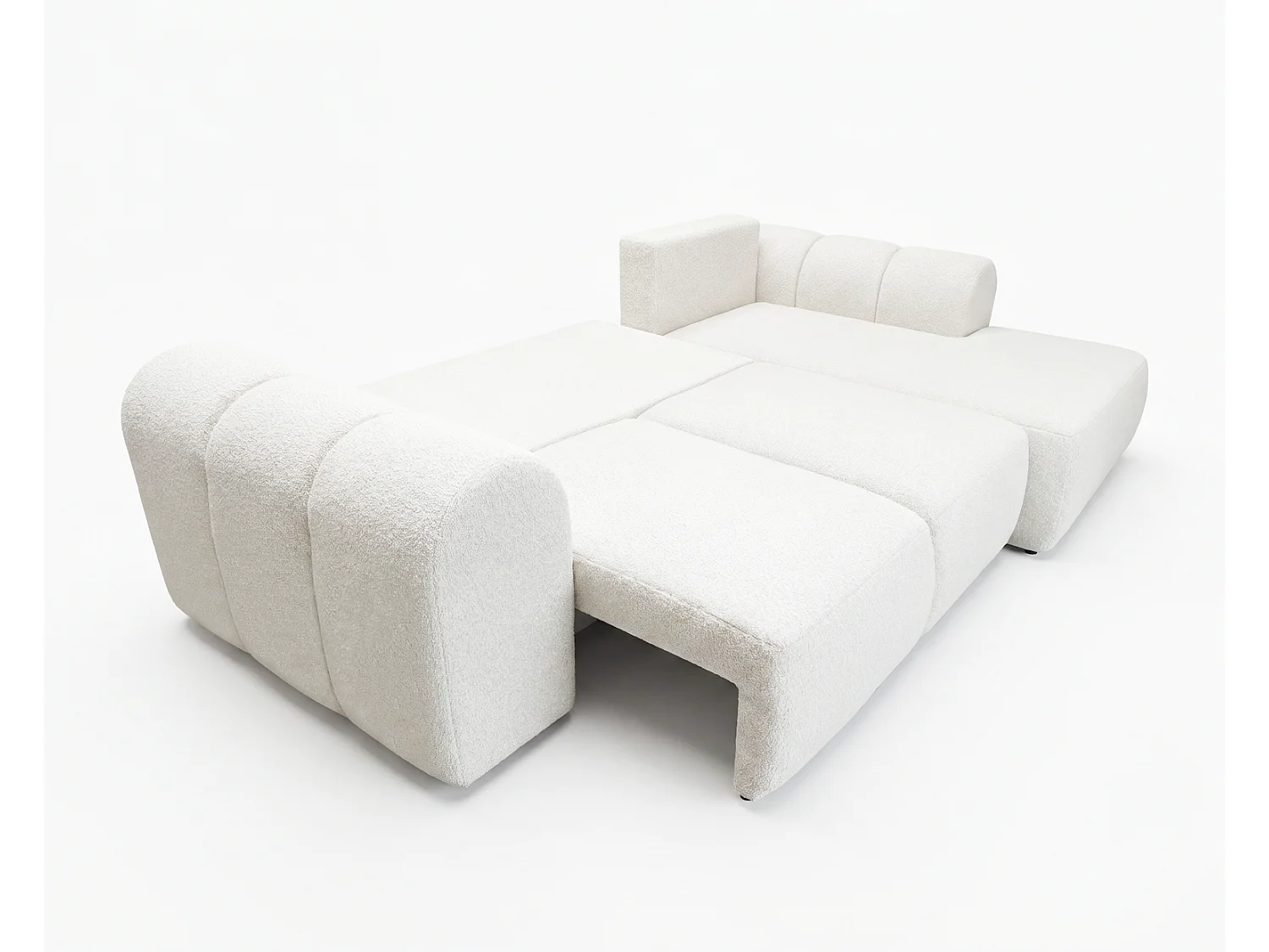 Canapé d'angle convertible 275 cm Salero, tissu bouclé avec coffre de rangement, angle à droite, Crème