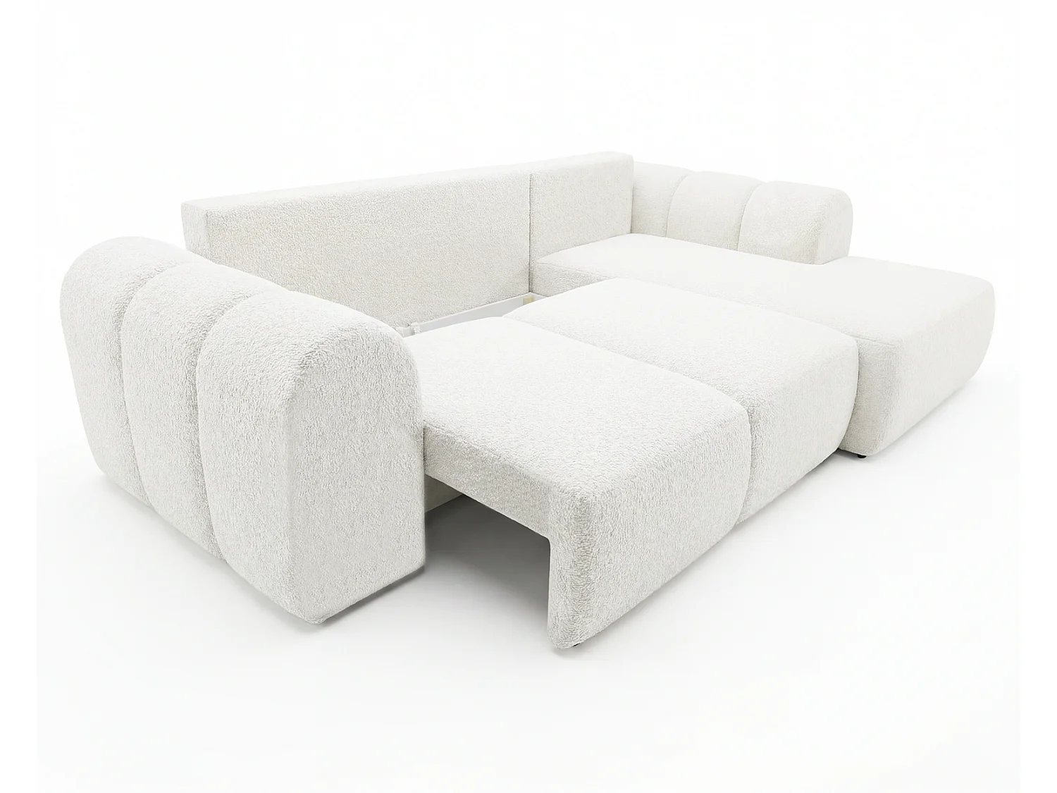 Canapé d'angle convertible 275 cm Salero, tissu bouclé avec coffre de rangement, angle à droite, Crème