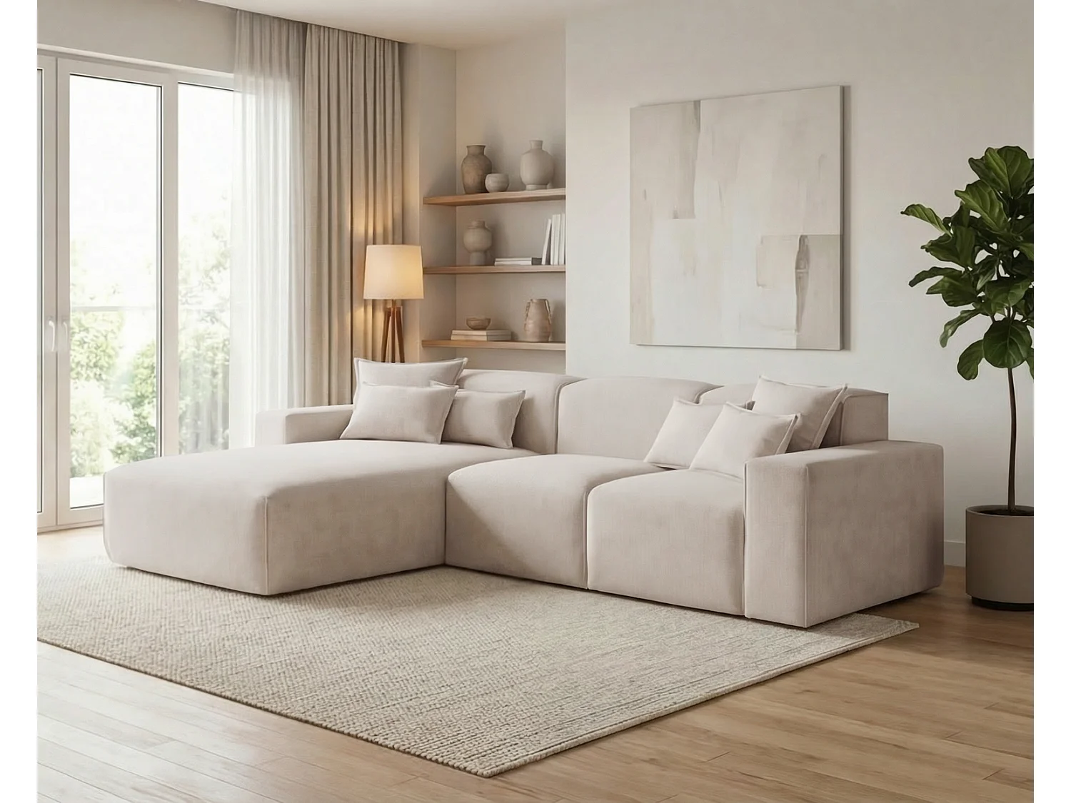 Moderne hoekbank 265 cm Tamari - vaste bank in L-vorm, linkerhoek, dik schuim, Beige