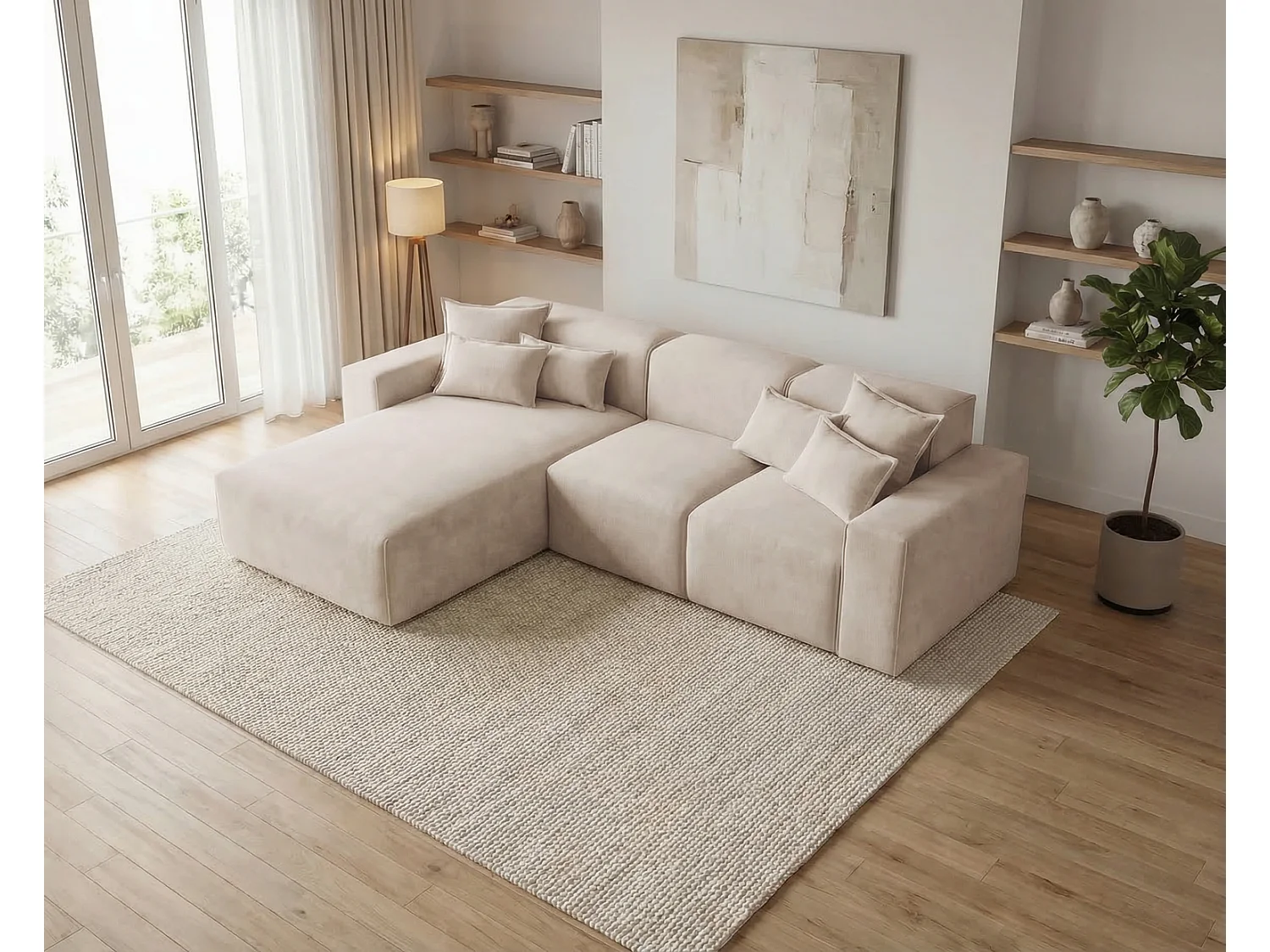 Moderne hoekbank 265 cm Tamari - vaste bank in L-vorm, linkerhoek, dik schuim, Beige