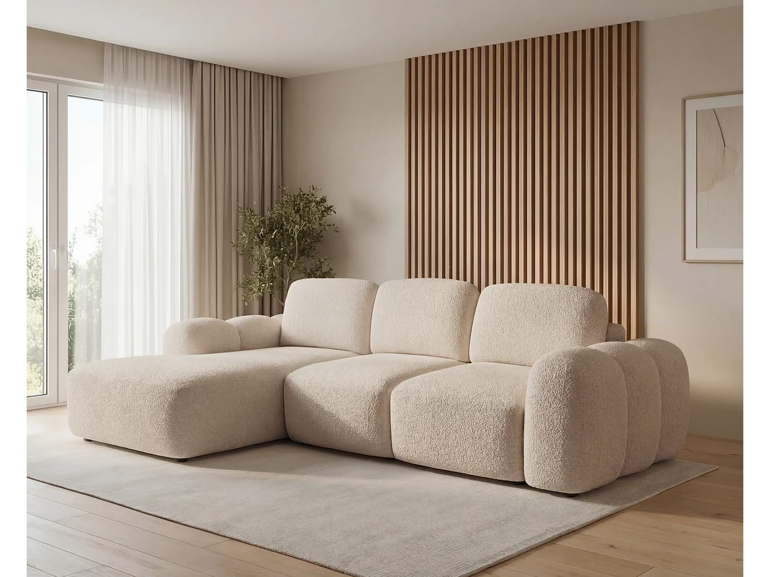 Canapé d'angle convertible 275 cm Salero, tissu bouclé avec coffre de rangement, angle à gauche, Beige