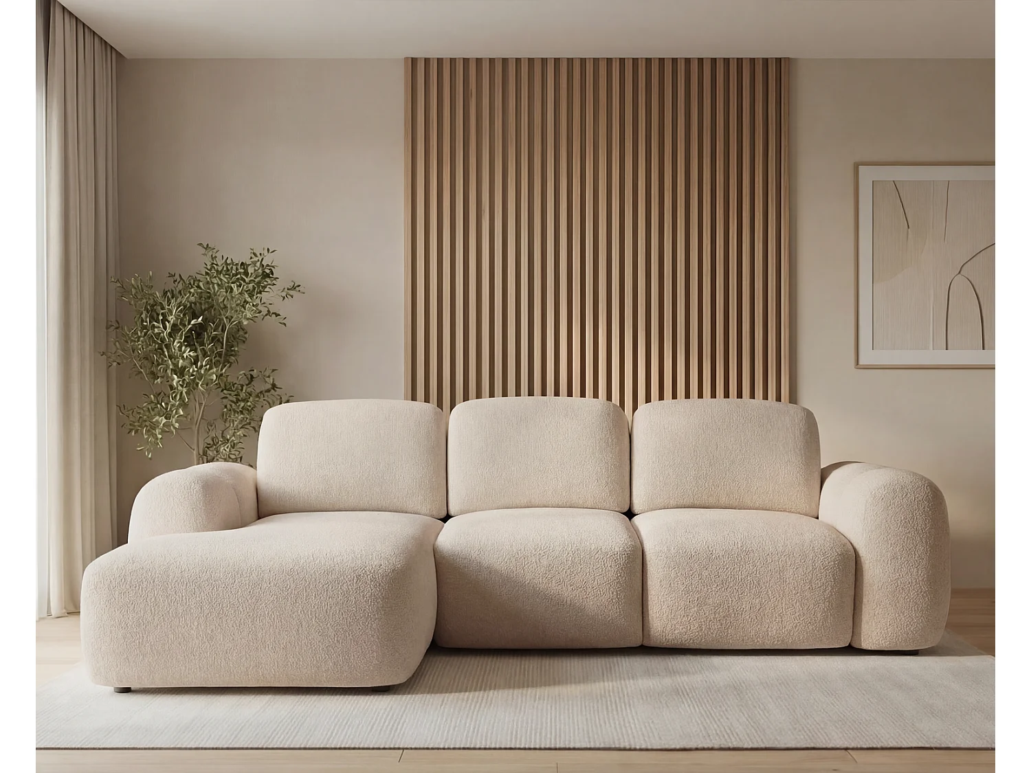 Canapé d'angle convertible 275 cm Salero, tissu bouclé avec coffre de rangement, angle à gauche, Beige