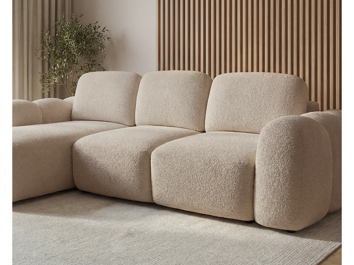 Canapé d'angle convertible 275 cm Salero, tissu bouclé avec coffre de rangement, angle à gauche, Beige