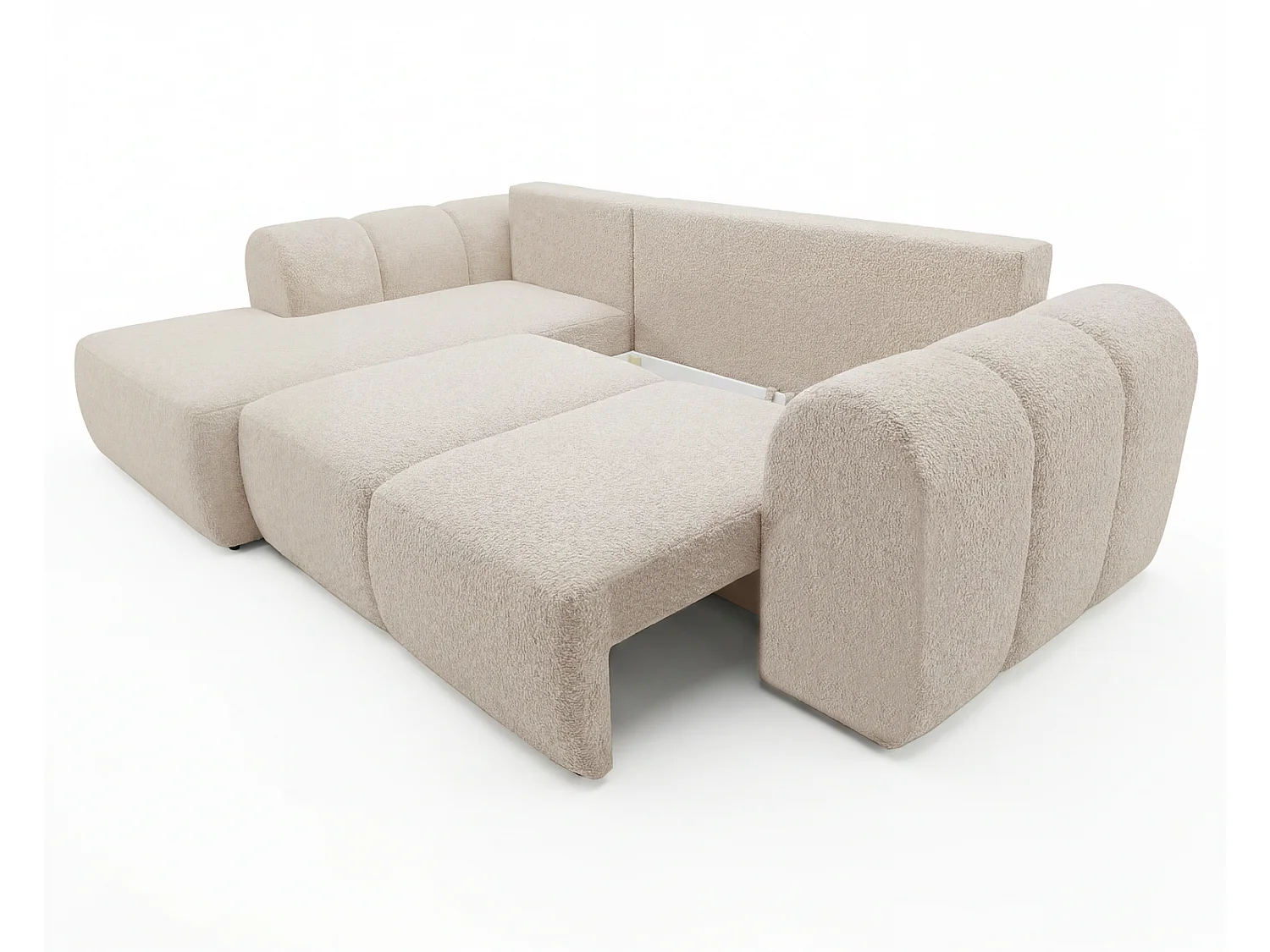 Canapé d'angle convertible 275 cm Salero, tissu bouclé avec coffre de rangement, angle à gauche, Beige