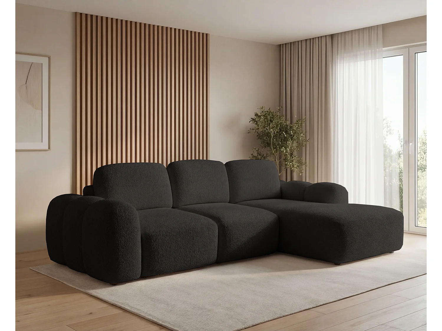 Canapé d'angle convertible 275 cm Salero, tissu bouclé avec coffre de rangement, angle à droite, Noir