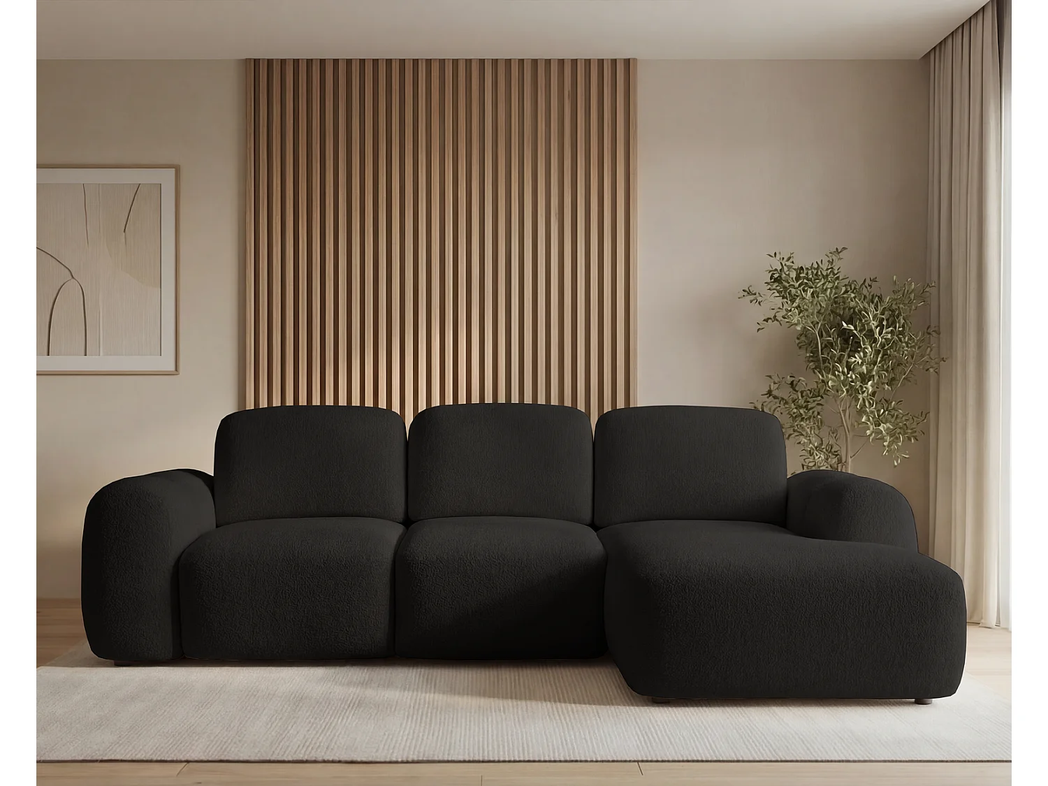 Canapé d'angle convertible 275 cm Salero, tissu bouclé avec coffre de rangement, angle à droite, Noir