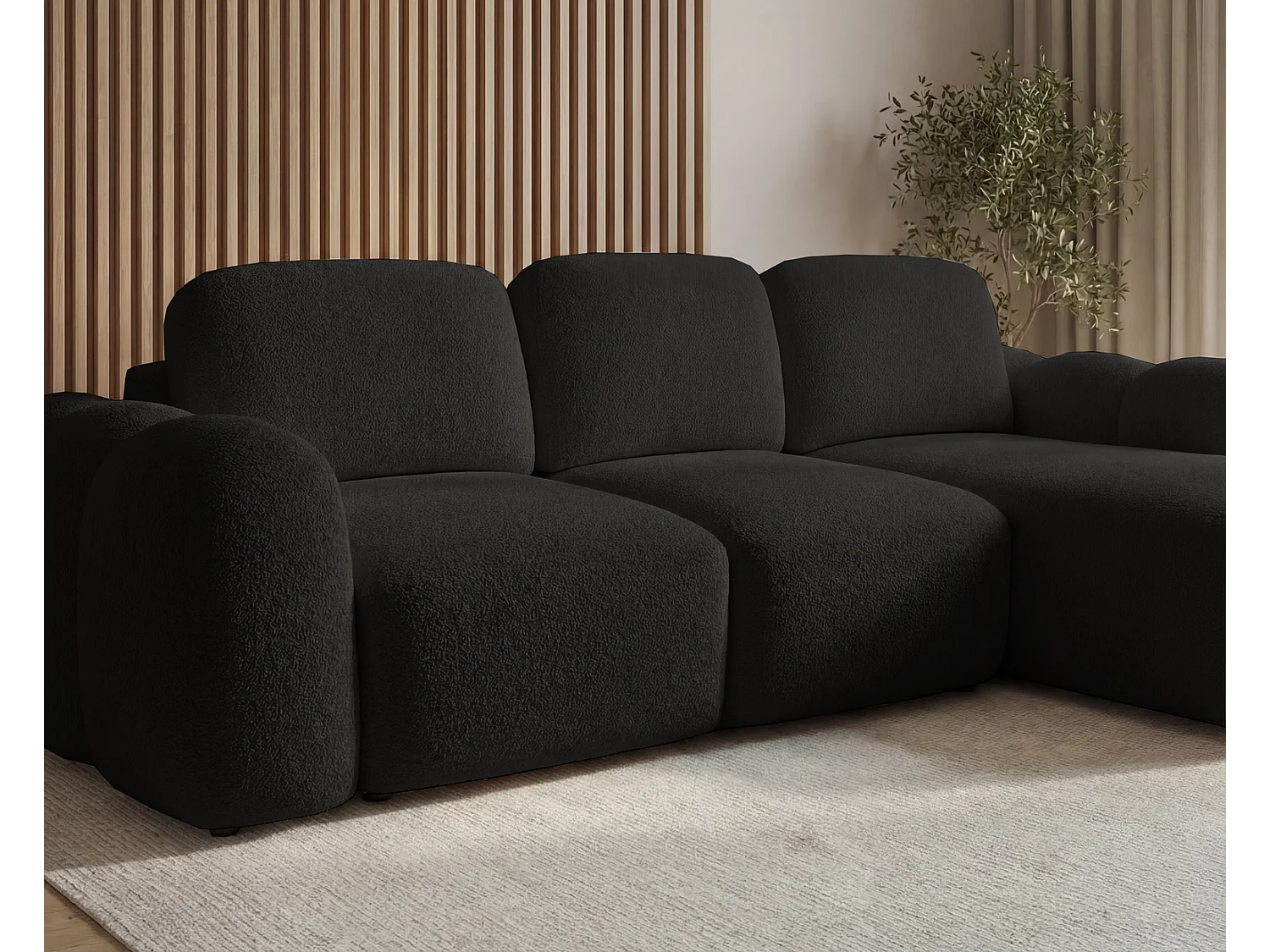 Canapé d'angle convertible 275 cm Salero, tissu bouclé avec coffre de rangement, angle à droite, Noir