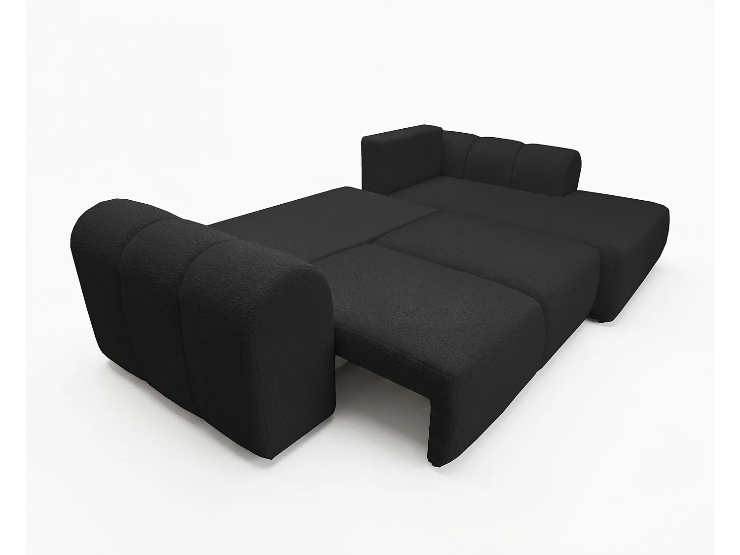 Canapé d'angle convertible 275 cm Salero, tissu bouclé avec coffre de rangement, angle à droite, Noir