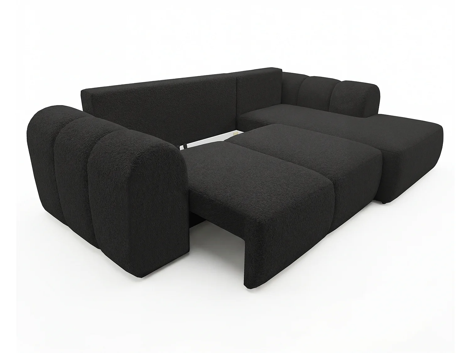 Canapé d'angle convertible 275 cm Salero, tissu bouclé avec coffre de rangement, angle à droite, Noir