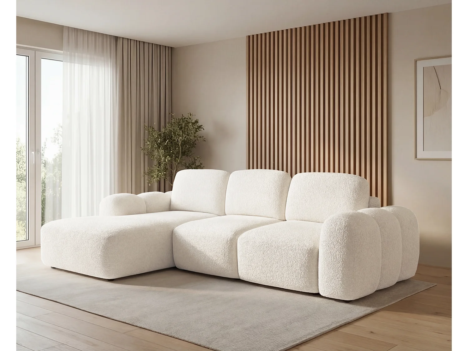 Canapé d'angle convertible 275 cm Salero, tissu bouclé avec coffre de rangement, angle à gauche, Crème