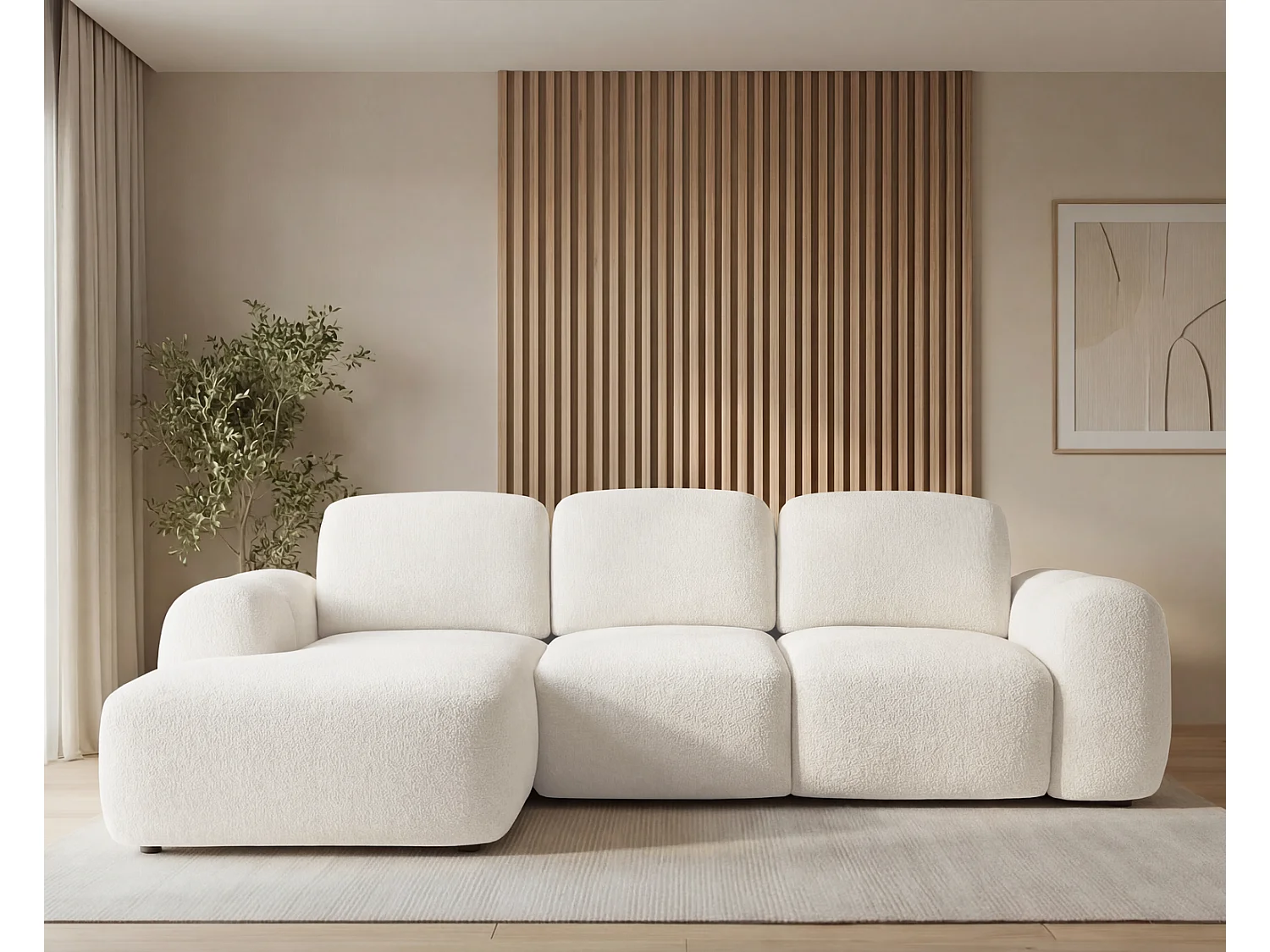 Canapé d'angle convertible 275 cm Salero, tissu bouclé avec coffre de rangement, angle à gauche, Crème