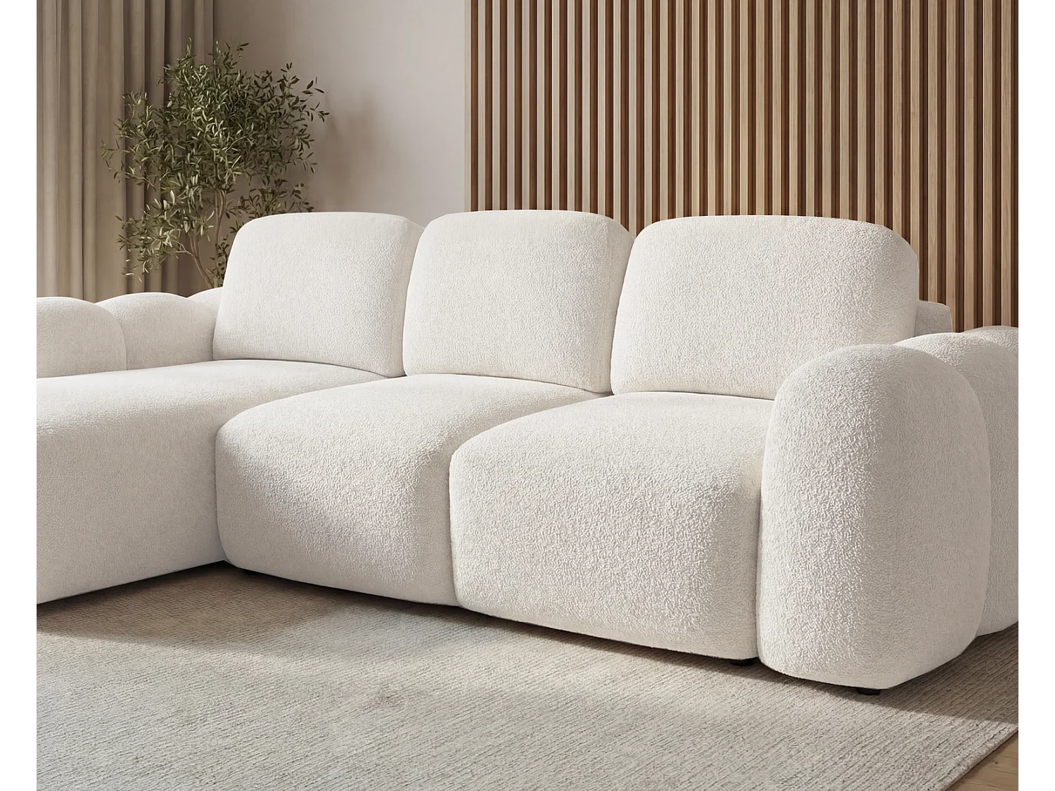 Canapé d'angle convertible 275 cm Salero, tissu bouclé avec coffre de rangement, angle à gauche, Crème