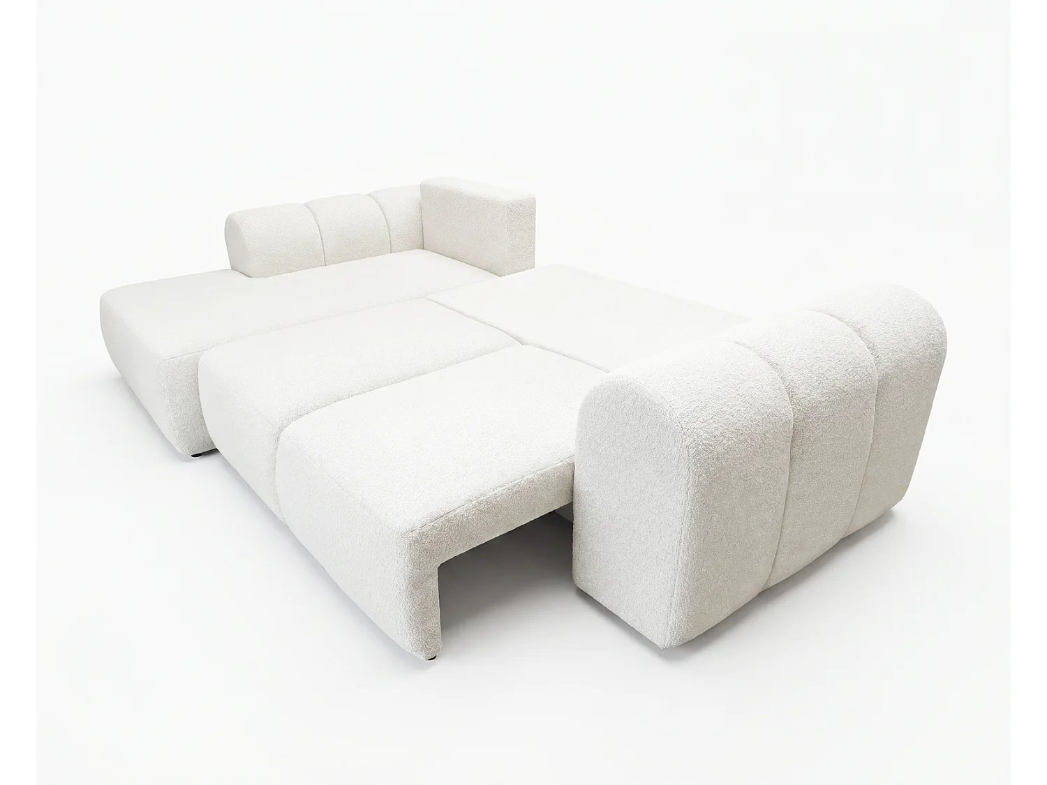 Canapé d'angle convertible 275 cm Salero, tissu bouclé avec coffre de rangement, angle à gauche, Crème