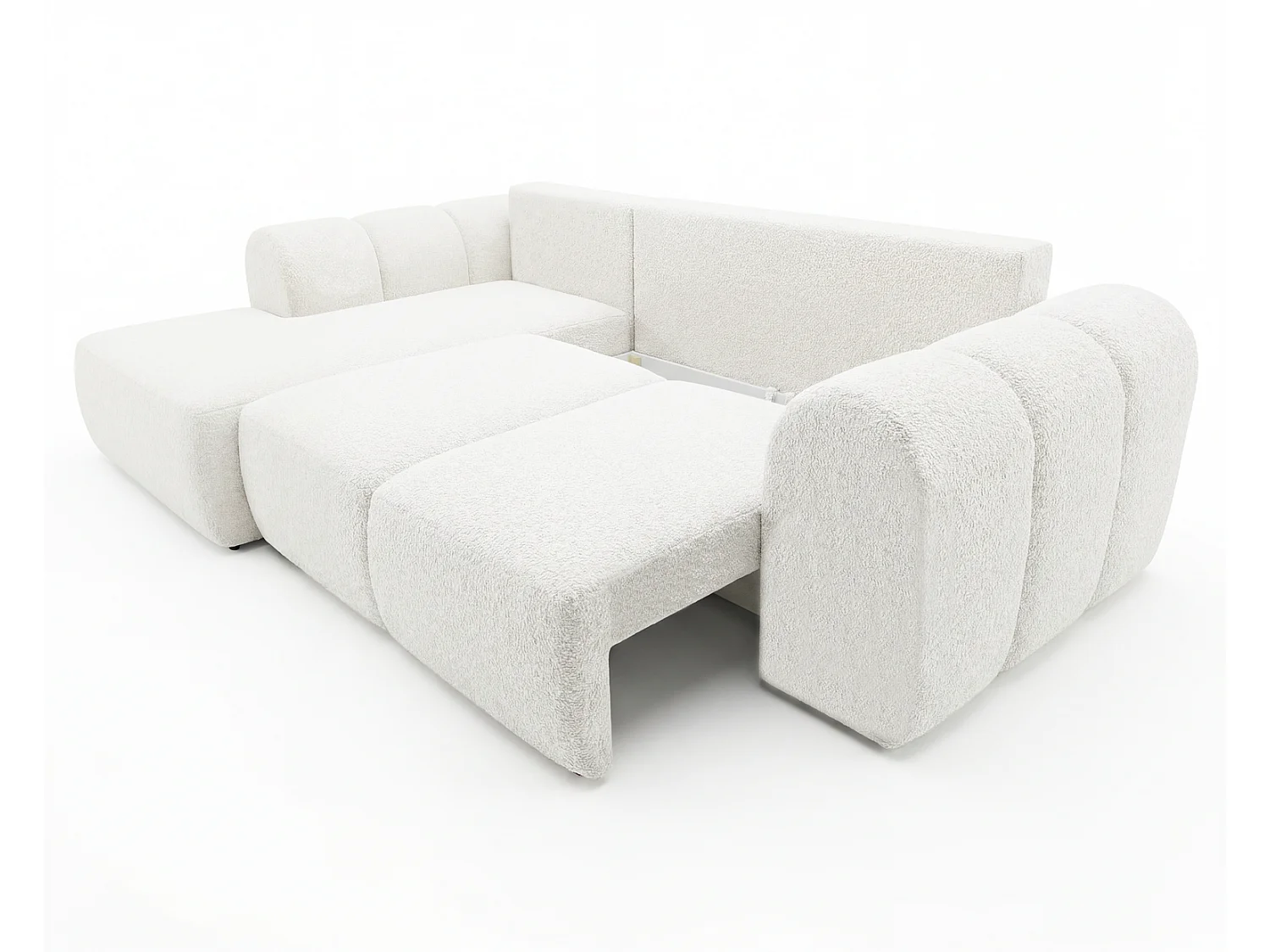 Canapé d'angle convertible 275 cm Salero, tissu bouclé avec coffre de rangement, angle à gauche, Crème