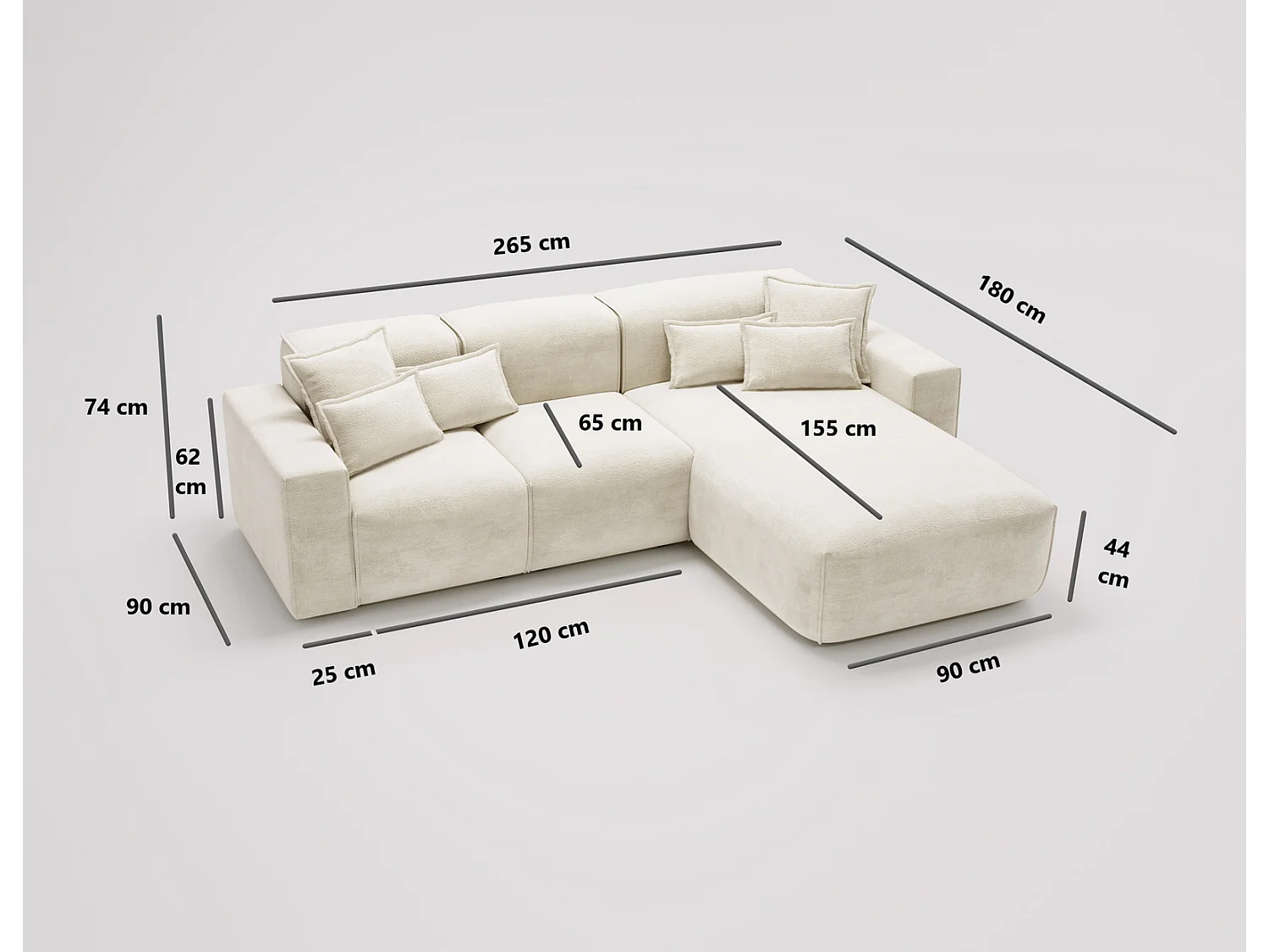 Moderne hoekbank 265 cm Tamari - vaste bank in L-vorm, rechterhoek, dik schuim, Crème