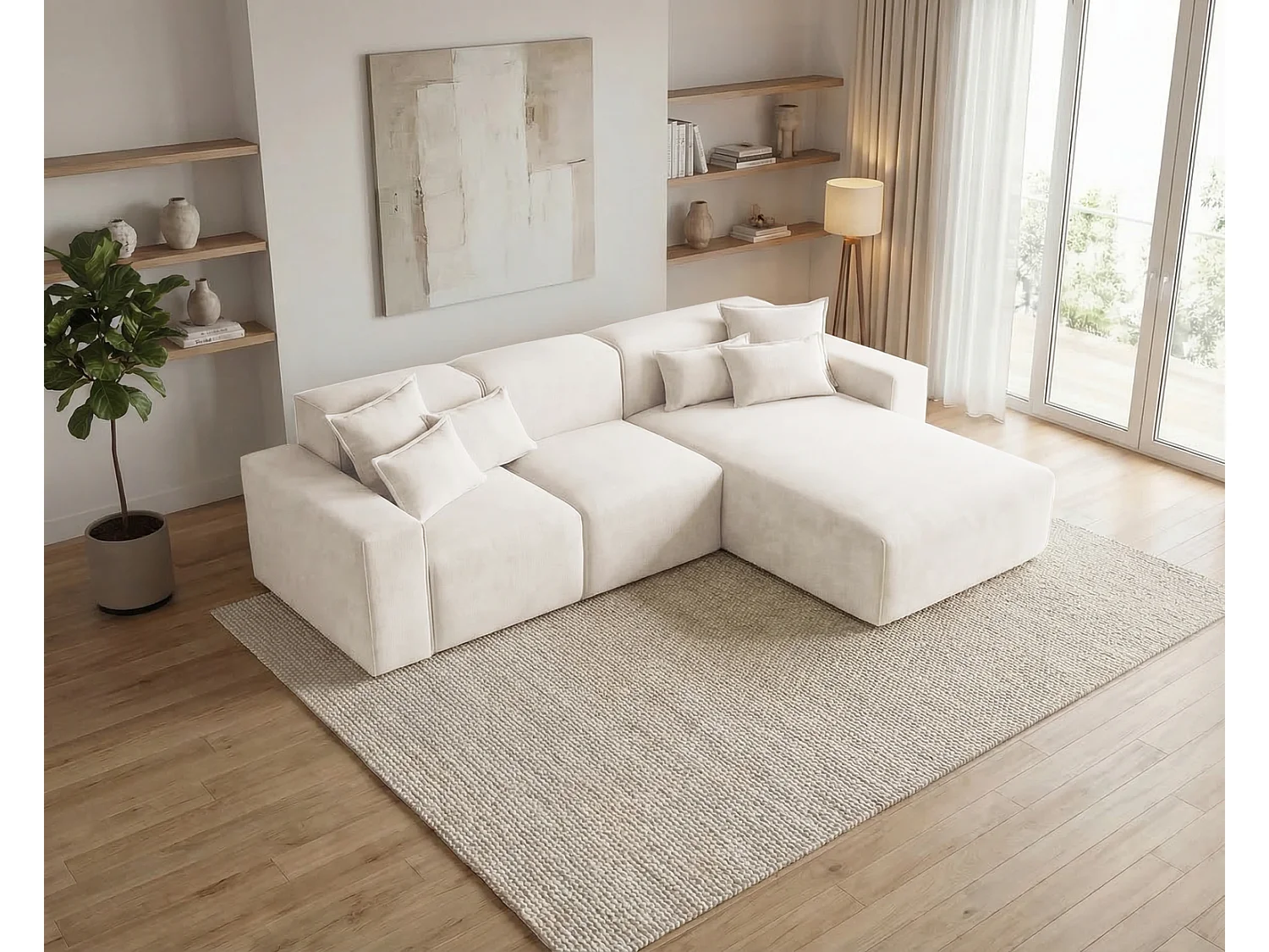 Moderne hoekbank 265 cm Tamari - vaste bank in L-vorm, rechterhoek, dik schuim, Crème