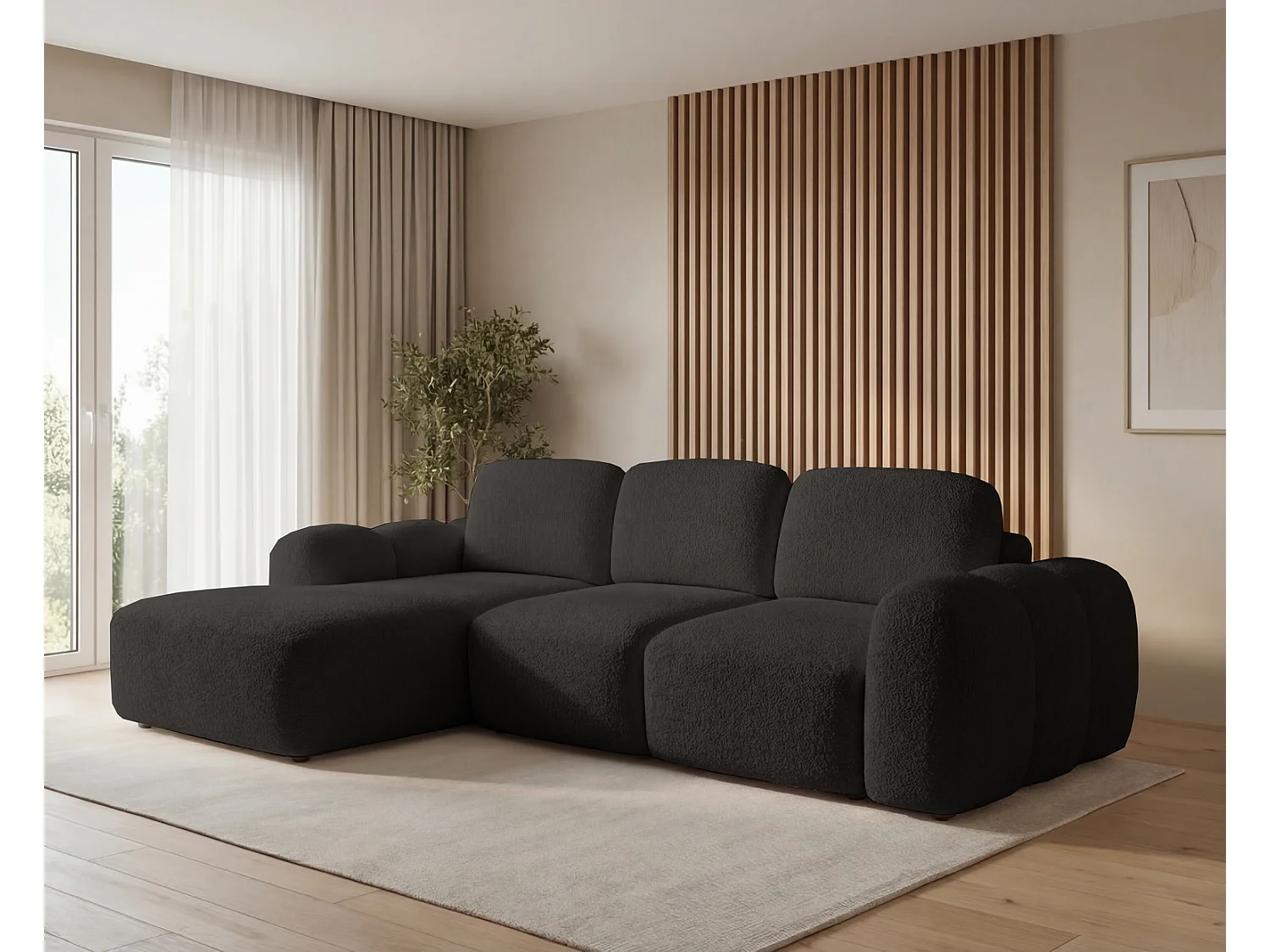 Canapé d'angle convertible 275 cm Salero, tissu bouclé avec coffre de rangement, angle à gauche, Noir
