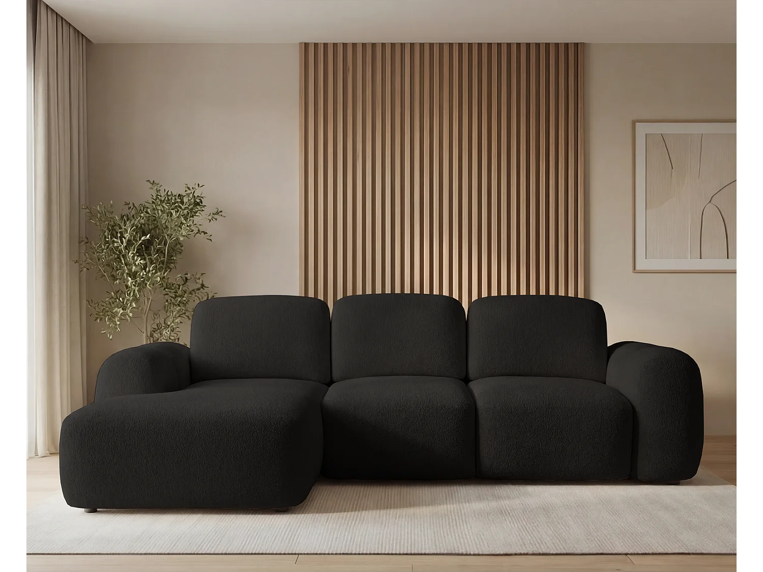 Canapé d'angle convertible 275 cm Salero, tissu bouclé avec coffre de rangement, angle à gauche, Noir