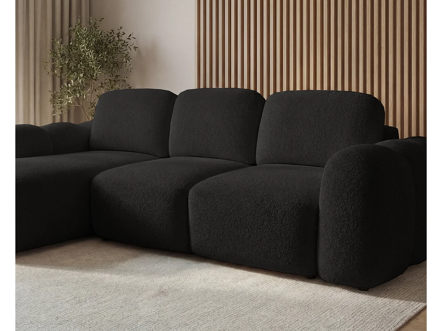 Canapé d'angle convertible 275 cm Salero, tissu bouclé avec coffre de rangement, angle à gauche, Noir
